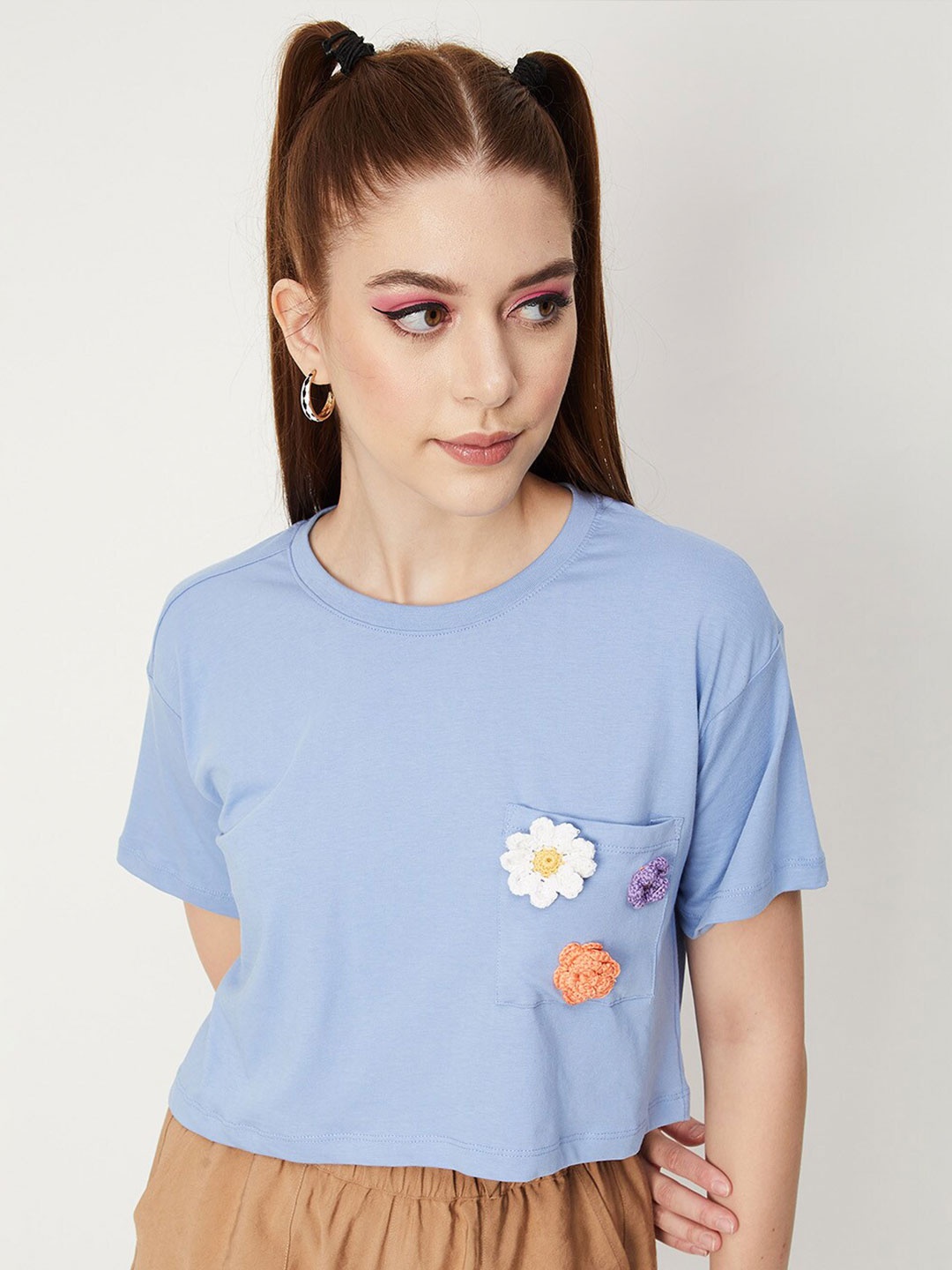 

max Round Neck Drop-Shoulder Sleeves Pure Cotton Crop T-shirt, Blue