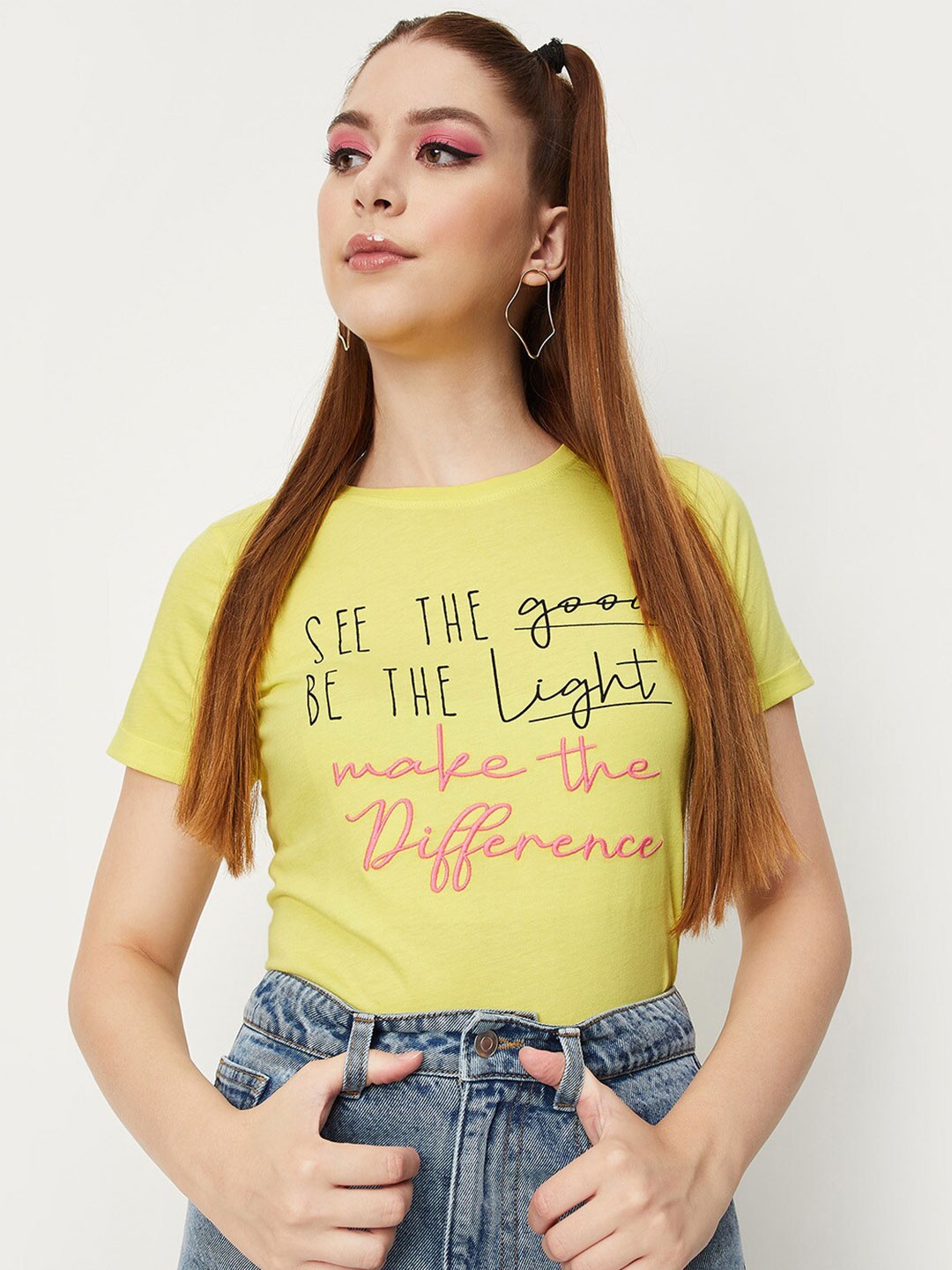 

max Typography Printed Pure Cotton T-shirt, Yellow