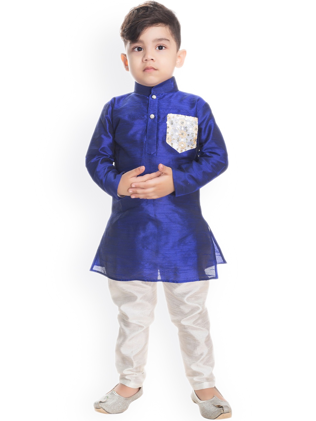 

BAESD Boys Mandarin Collar Regular Sequinned Kurta with Pyjamas, Navy blue