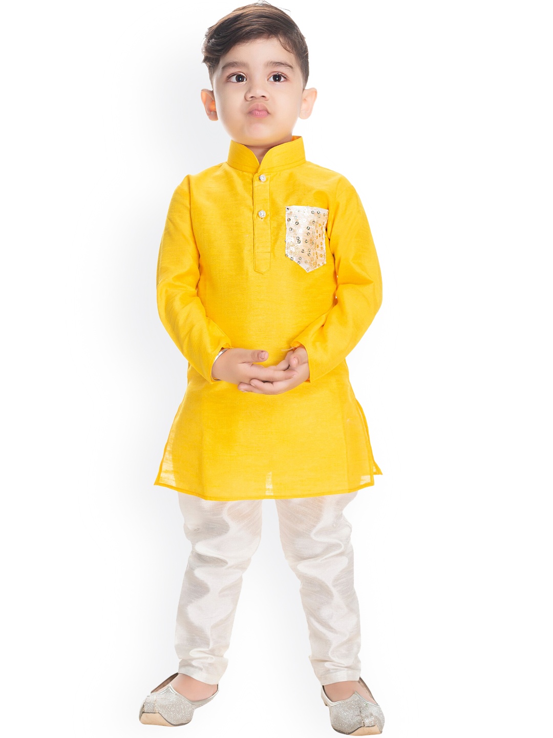 

BAESD Boys Mandarin Collar Regular Sequinned Kurta with Pyjamas, Yellow