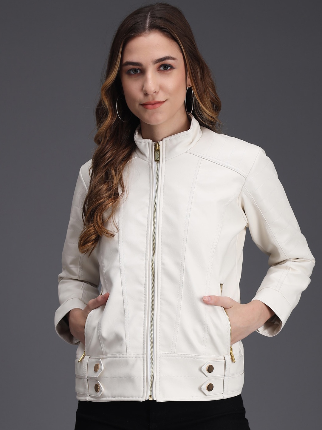 

BAESD Stand Collar Biker Jacket, White