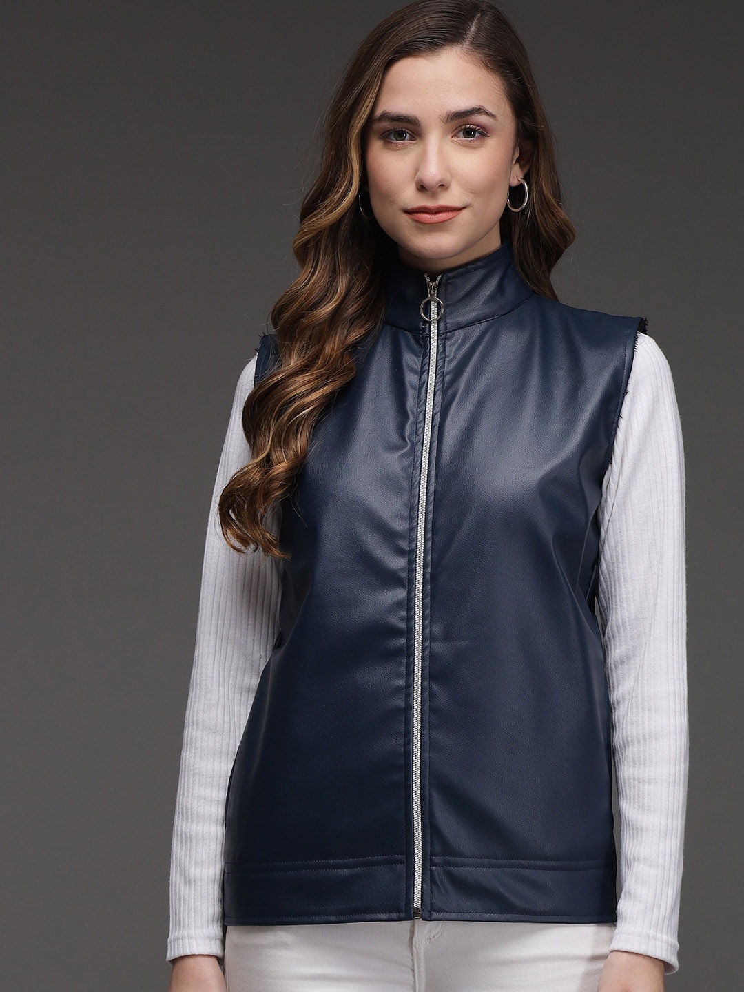 

BAESD Mock Collar Leather Jacket, Navy blue