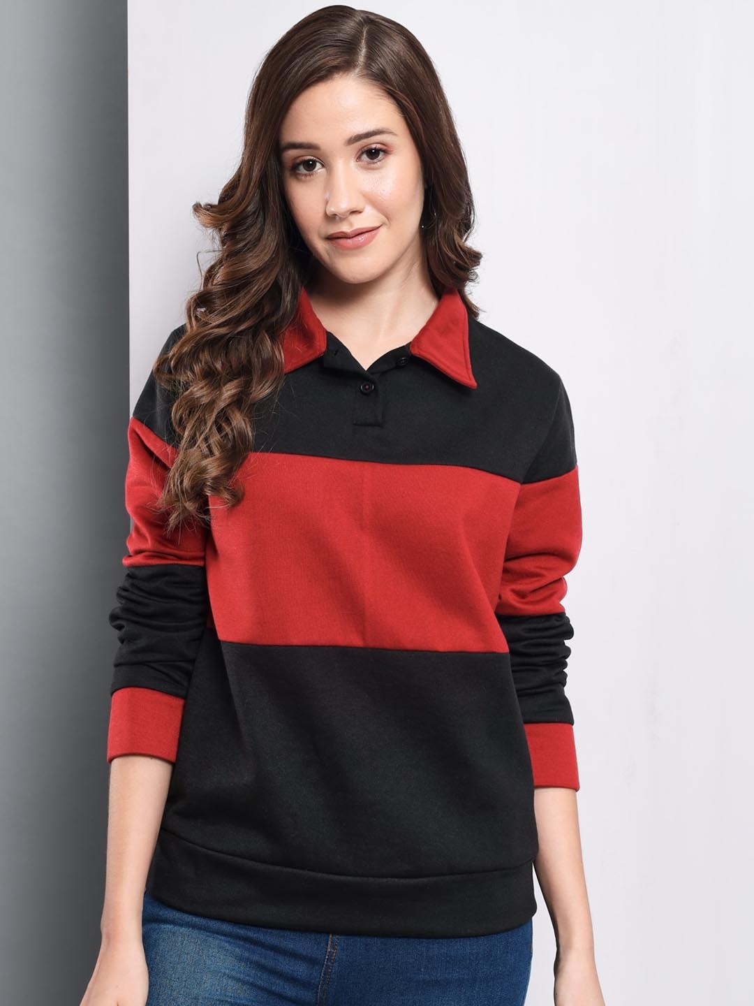 

BAESD Colourblocked Shirt Collar Pullover Sweatshirt, Red