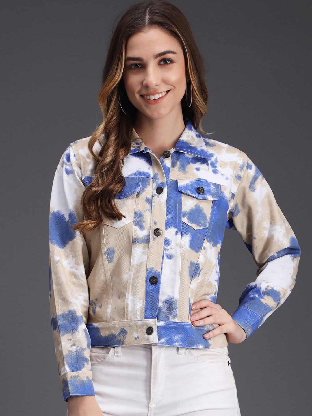 

BAESD Abstract Printed Crop Denim Jacket With Patchwork, Beige