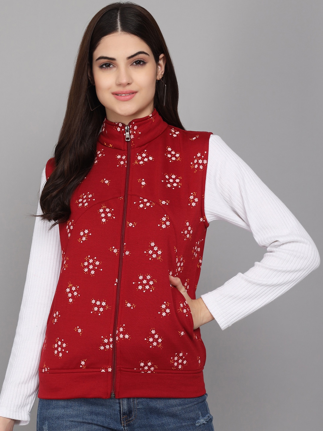 

BAESD Floral Printed Sleeveless Bomber Jacket, Maroon