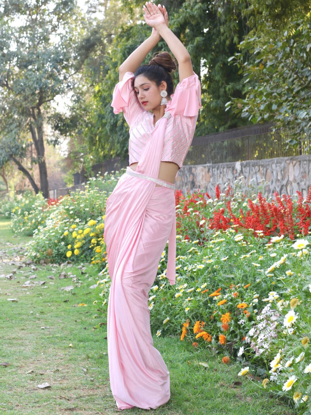 

Chhabra 555 Pink Pre-Stitched Zardozi Belted Sarees with Bell Sleeves Blouse