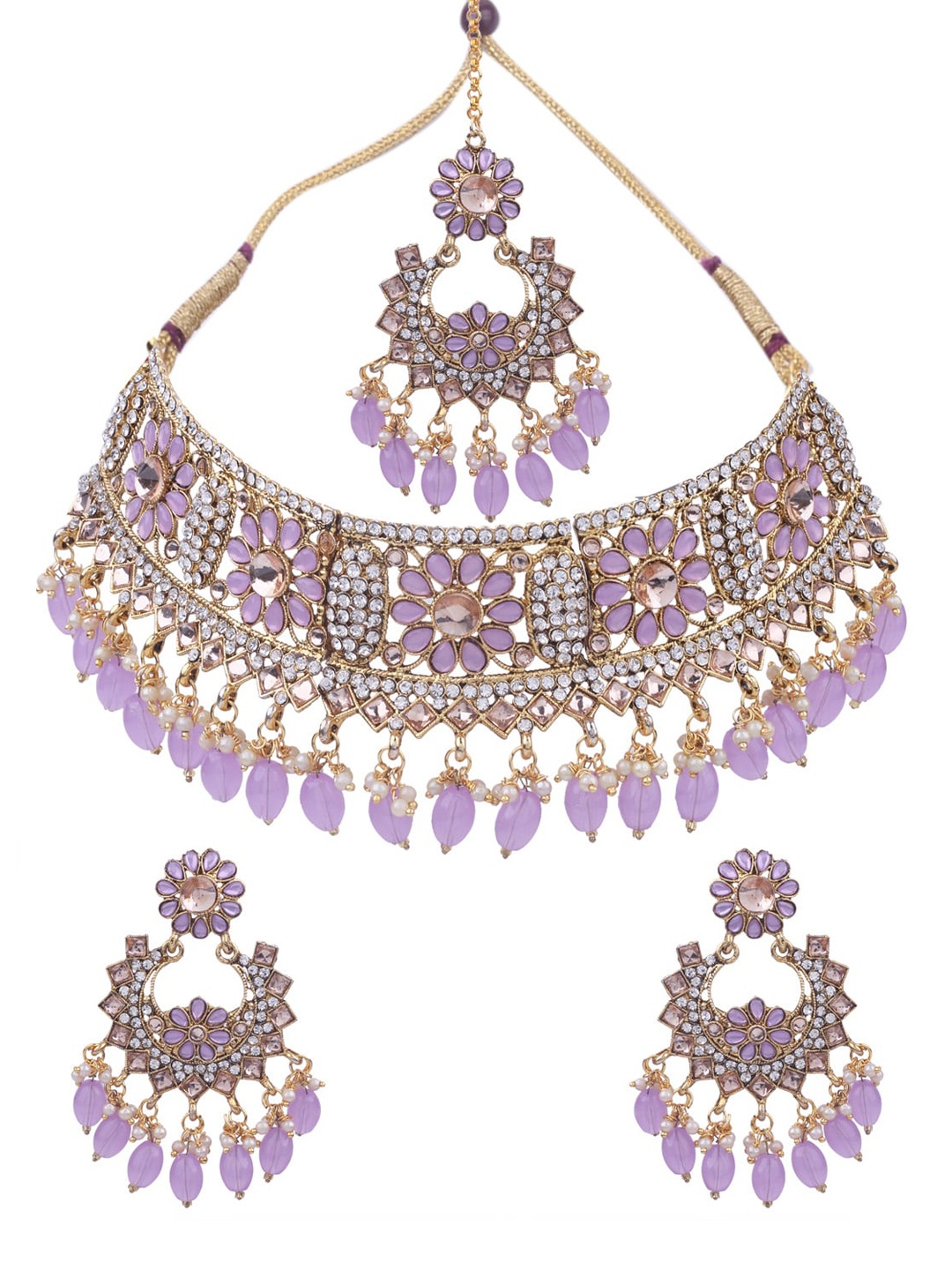 

AASHISH IMITATION Gold-Plated Stone Studded & Beaded Necklace & Earrings With Maang Tika