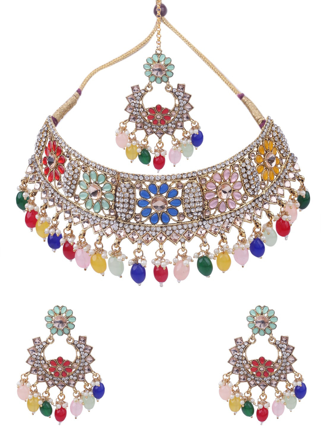 

AASHISH IMITATION Gold-Plated Stone Studded & Beaded Choker Jewellery Set