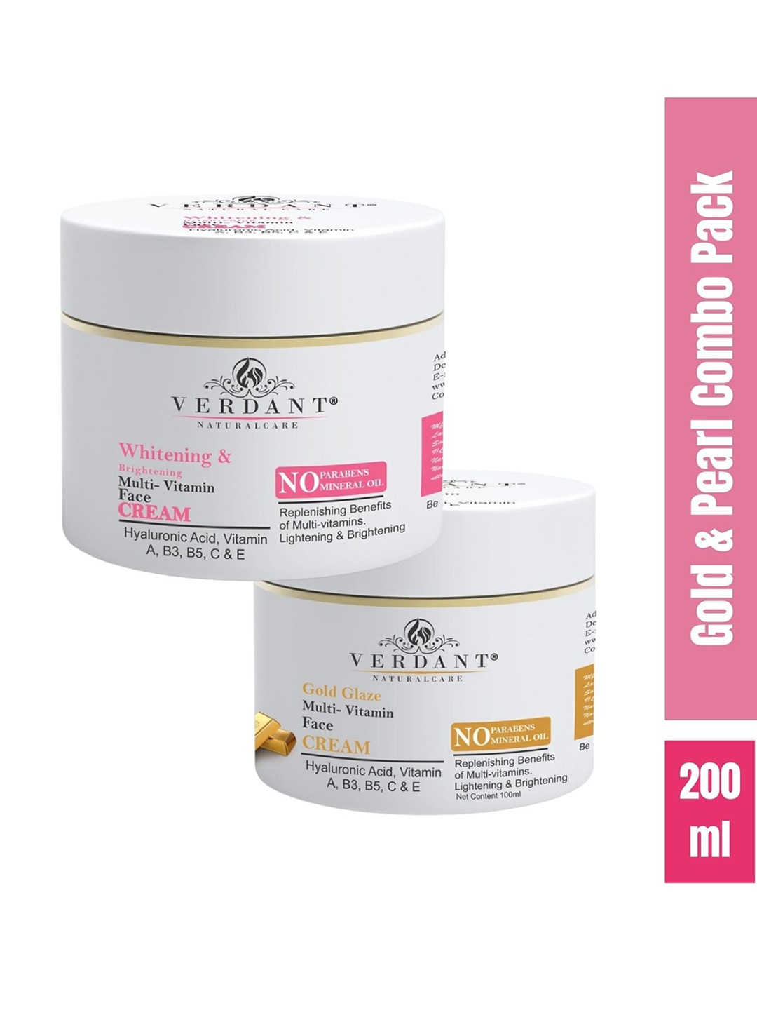 

Verdant Natural Care Set of 2 Multi-Vitamin Face Creams 200 ml - Whitening & Gold Glaze, Off white