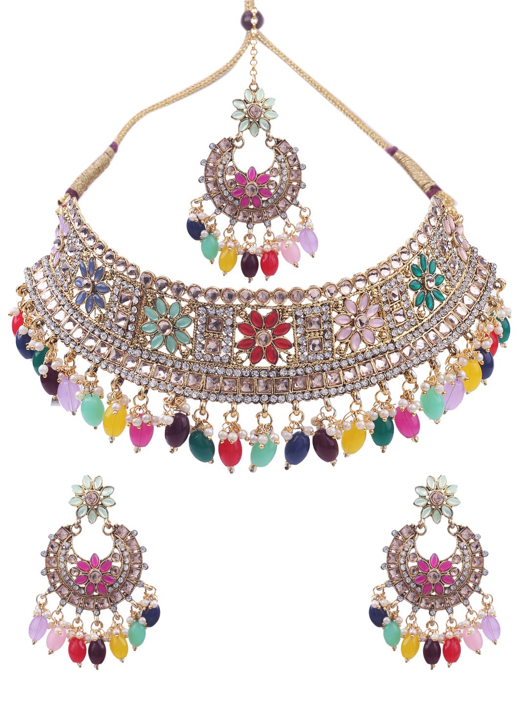 

AASHISH IMITATION Gold-Plated Stone Studded & Beaded Choker Jewellery Set