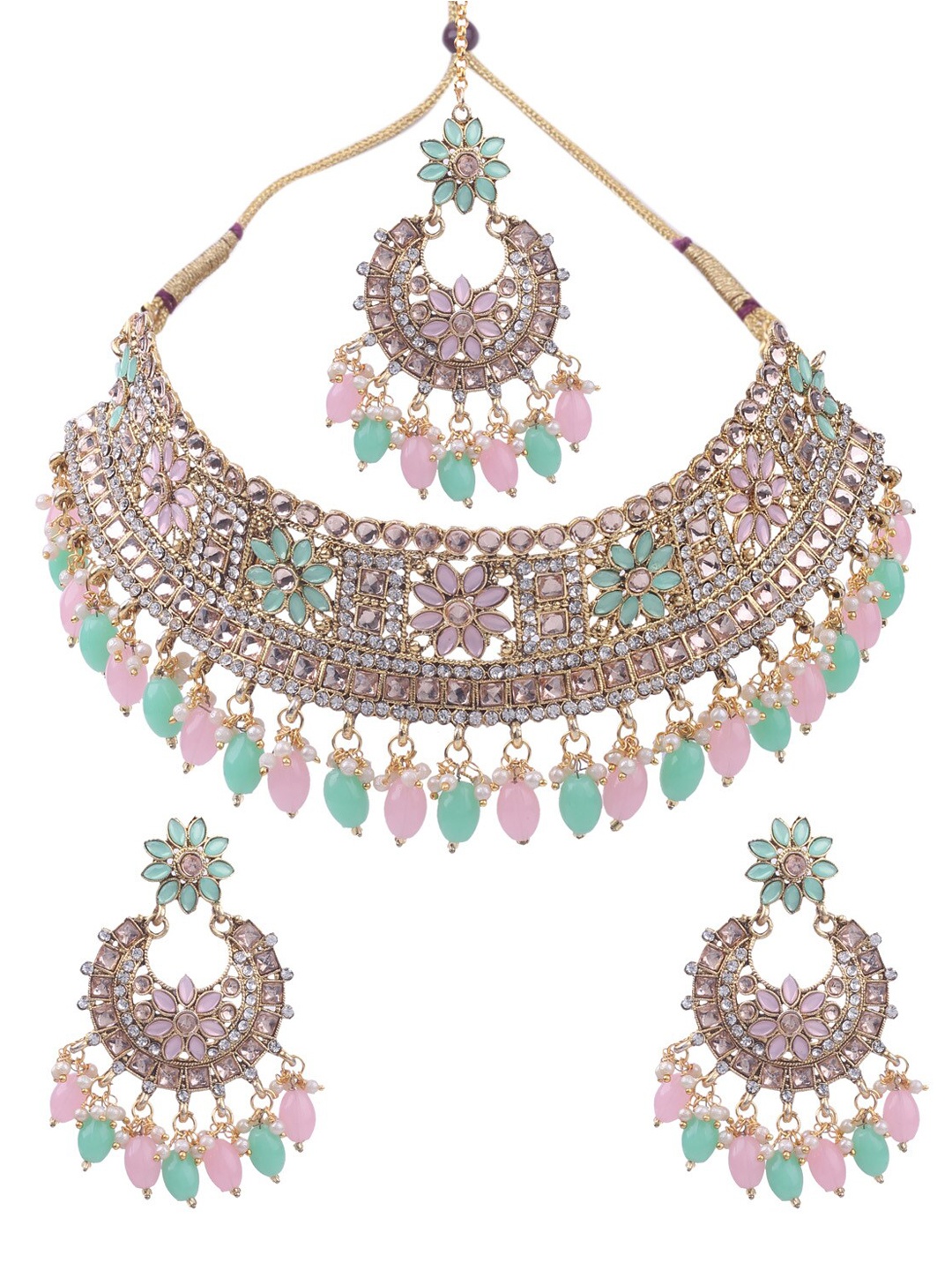 

AASHISH IMITATION Gold-Plated Stone Studded & Beaded Choker Jewellery Set