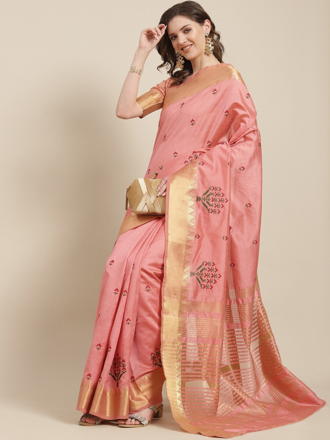 

Mitera Peach-Coloured & Red Floral Embroidered Silk Cotton Banarasi Saree