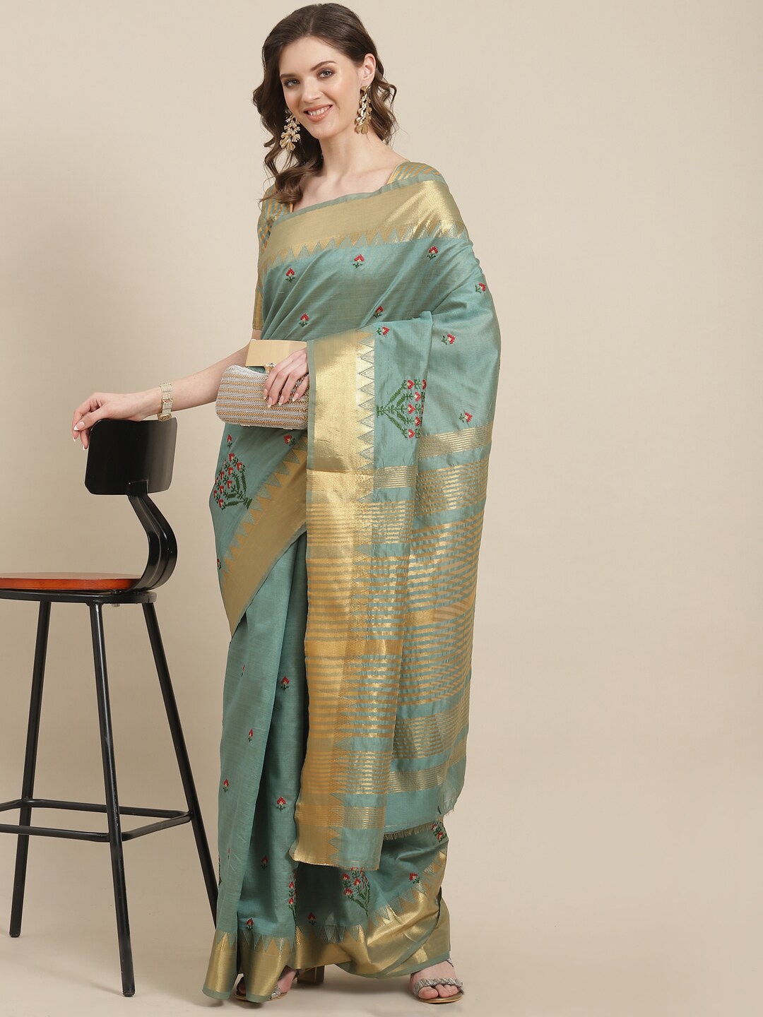 

Mitera Turquoise Blue & Red Floral Embroidered Zari Silk Cotton Banarasi Saree