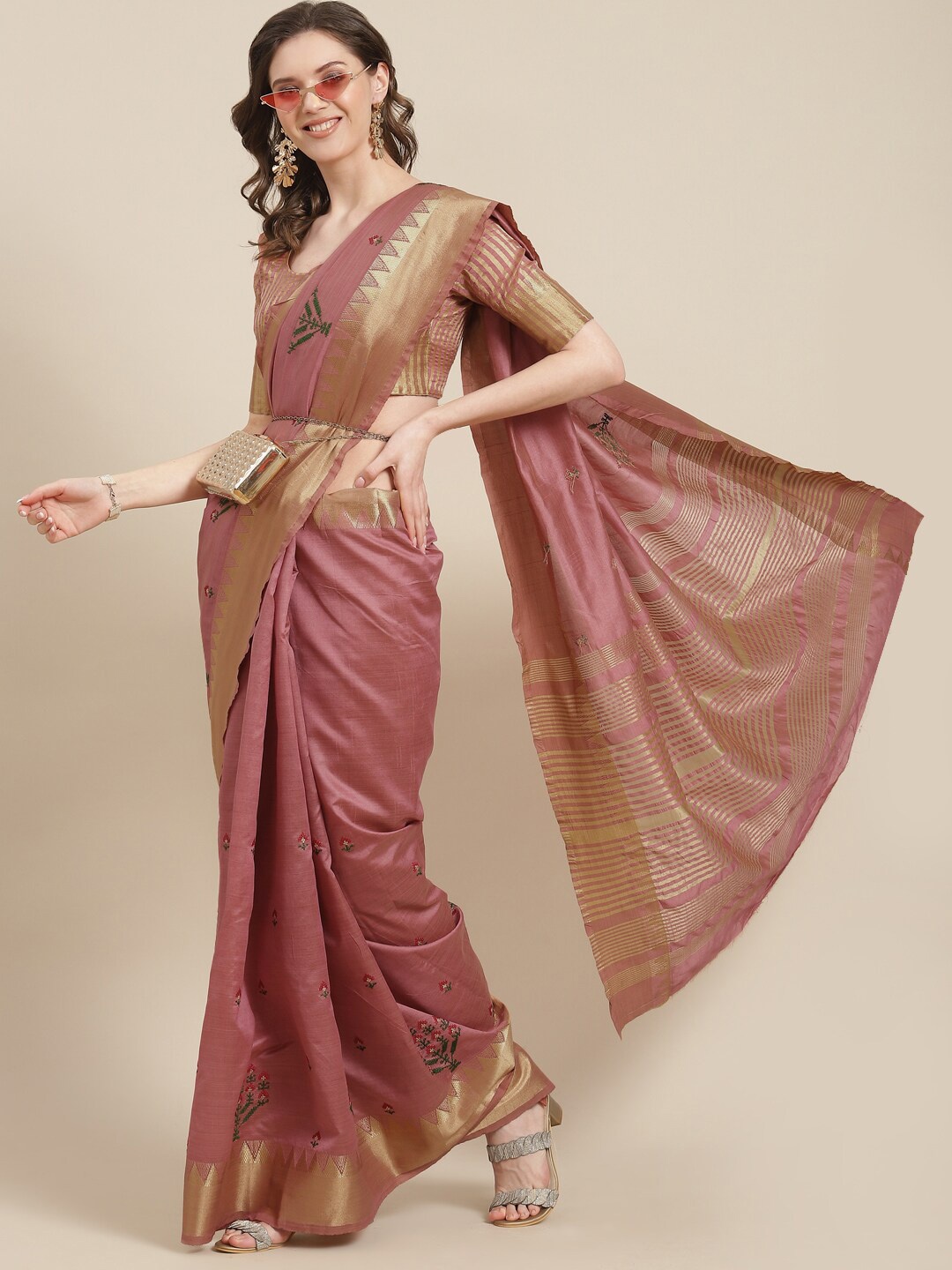 

Mitera Pink & Gold-Toned Ethnic Motifs Embroidered Zari Silk Cotton Banarasi Saree