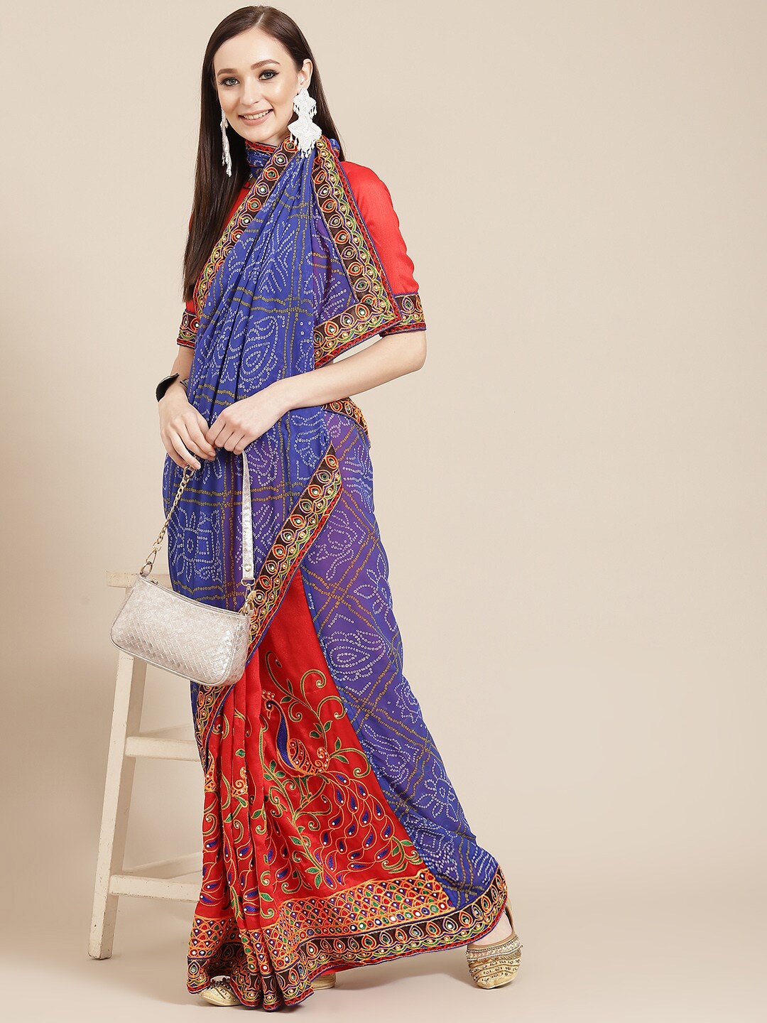 

Mitera Blue & Red Bandhani Printed Embroidered Saree
