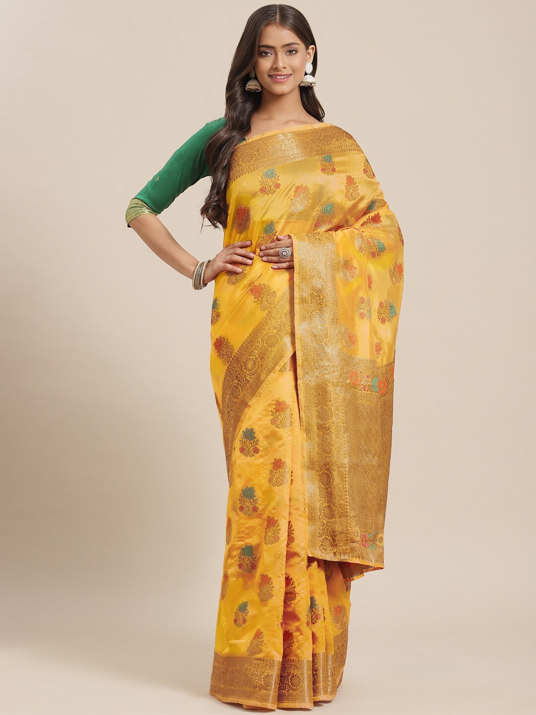 

Chhabra 555 Floral Motifs Woven Design Zari Silk Cotton Saree, Yellow