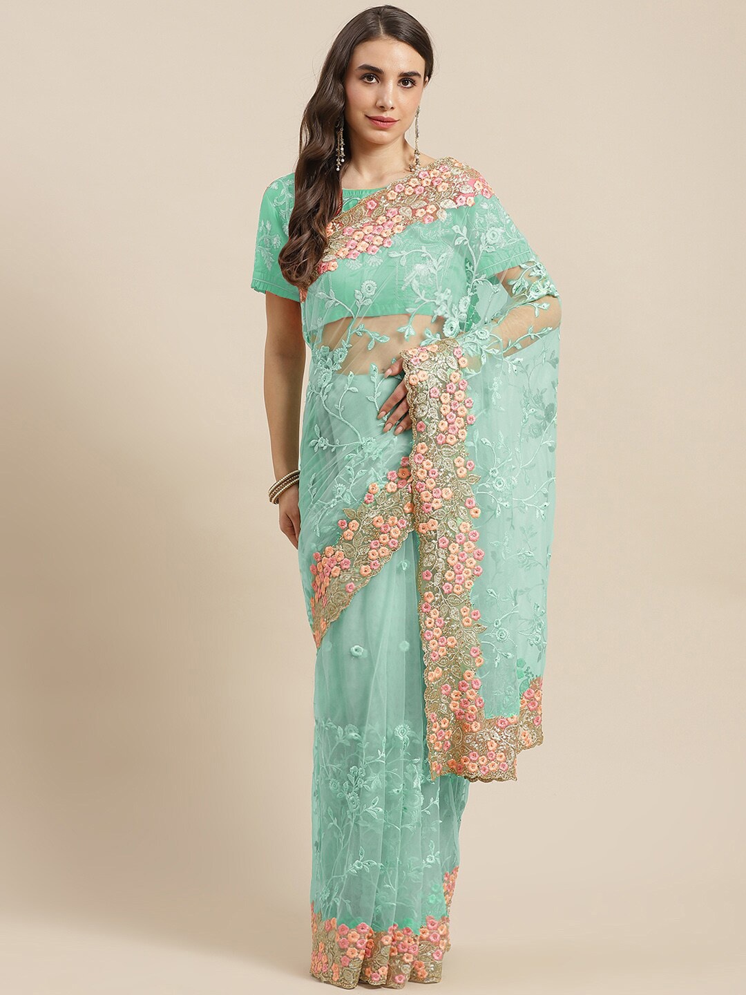 

Chhabra 555 Sea Green & Peach Floral Embroidered Sarees, Turquoise blue