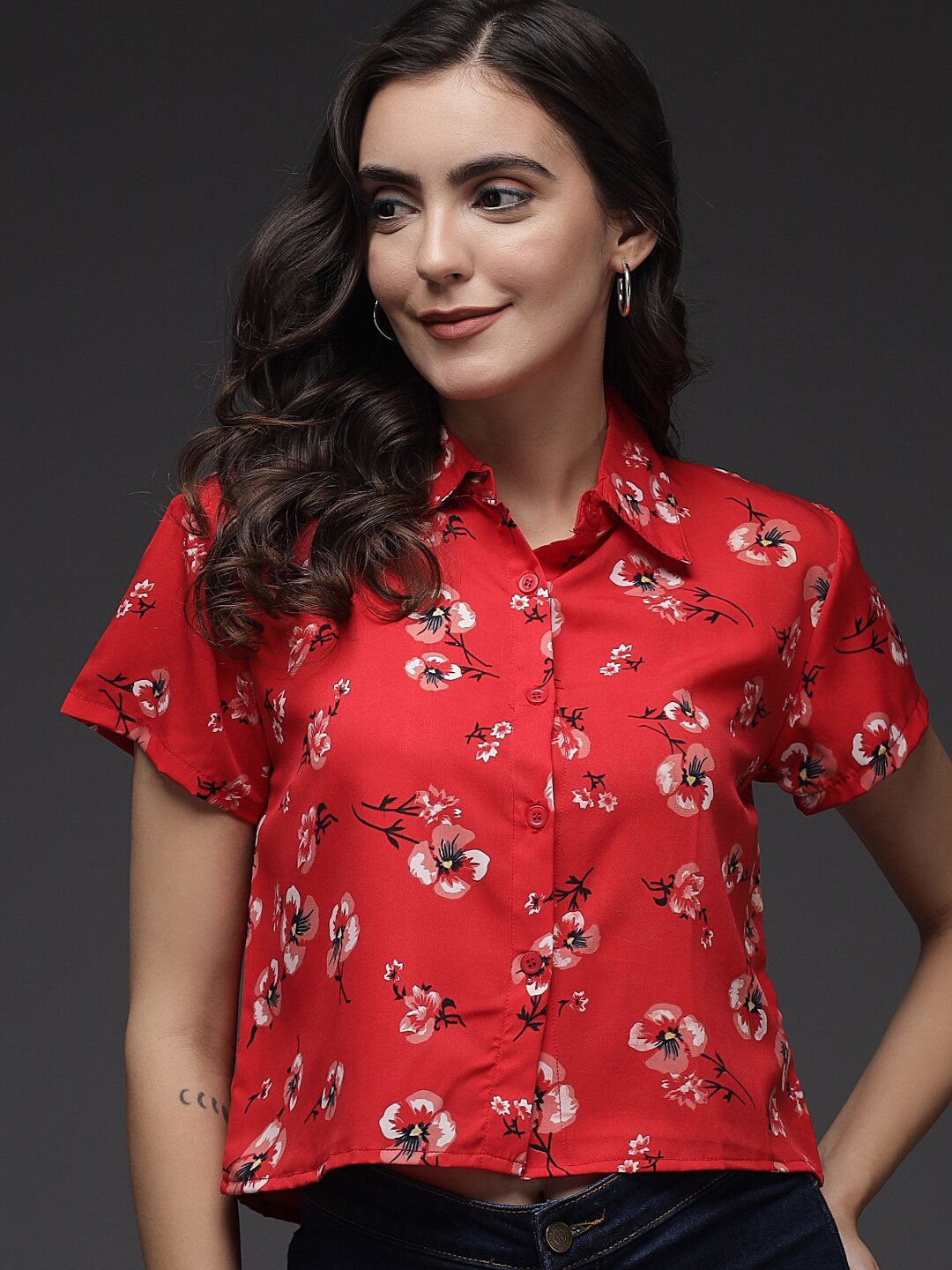 

BAESD Comfort Floral Printed Spread Collar Casual Shirt, Red