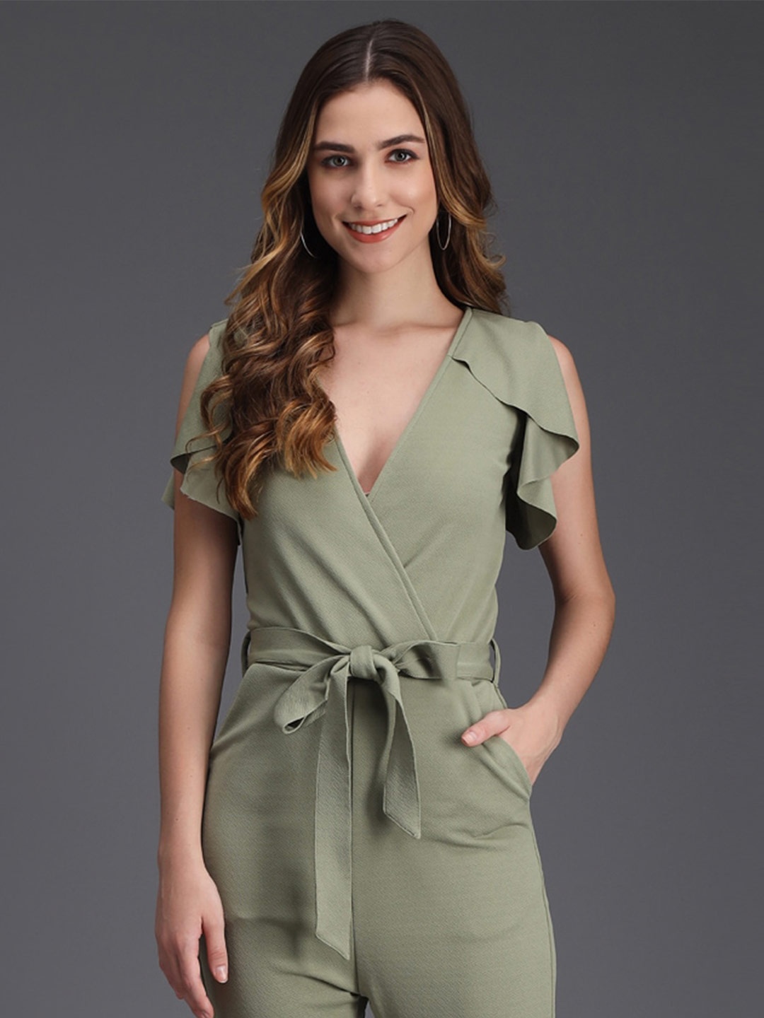 

BAESD V-Neck Waist-Tie Ups Jumpsuit, Olive