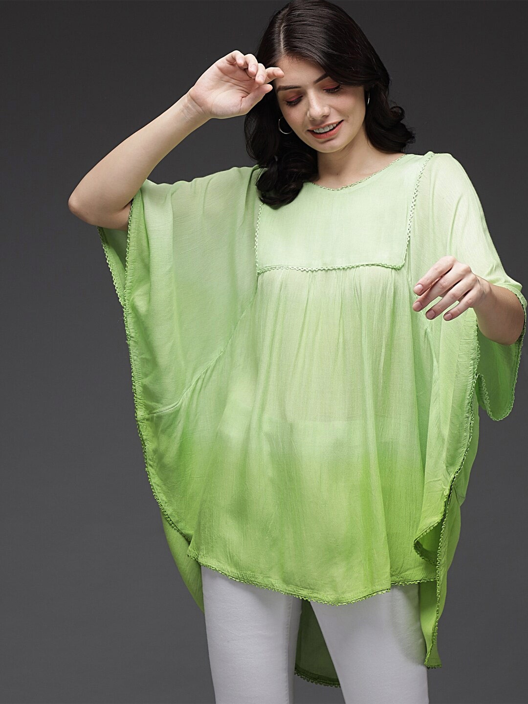 

BAESD Pure Cotton Lace Detail Ombre Effect Kaftan Tunic, Green