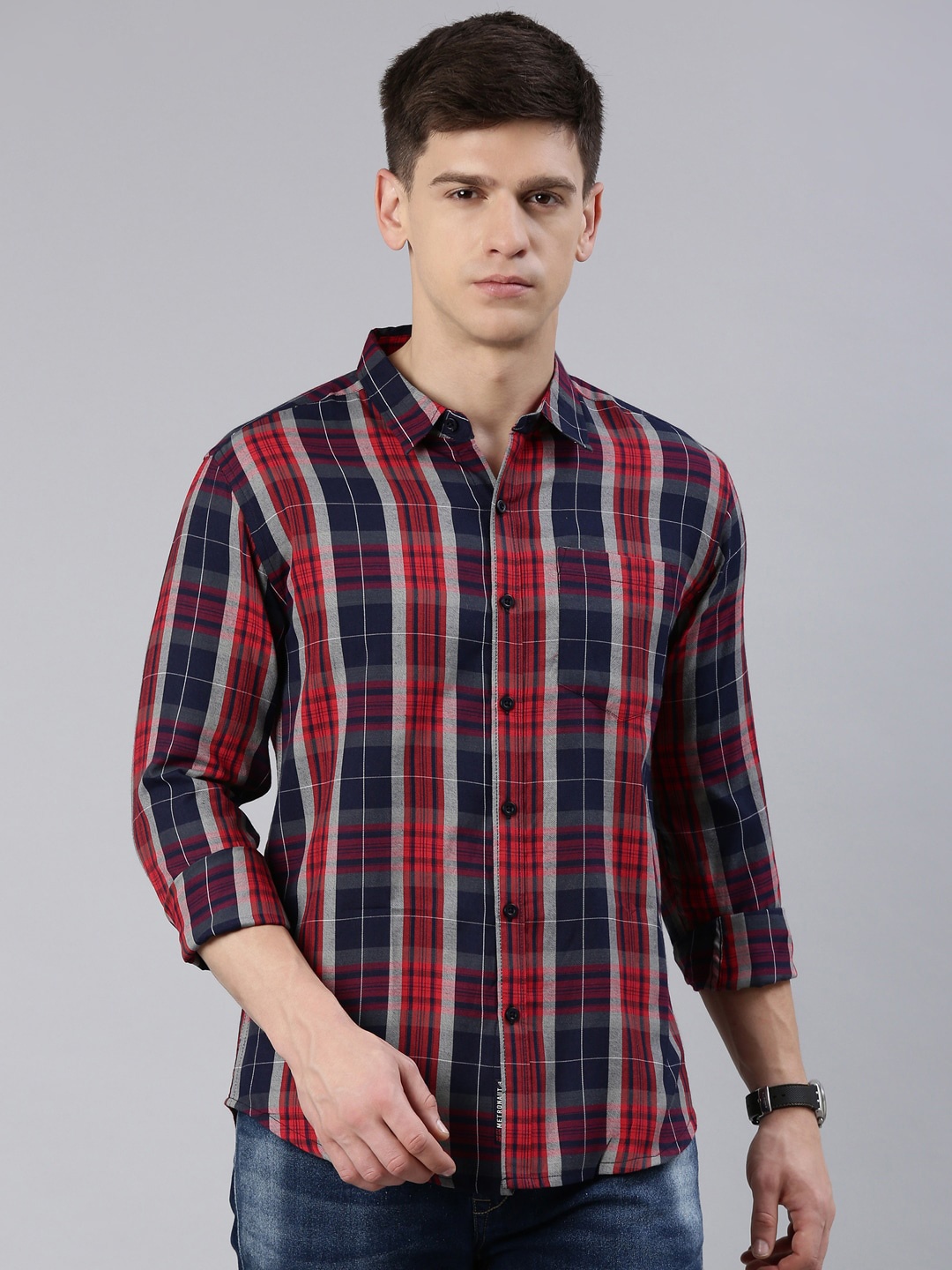 

Metronaut Spread Collar Slim Fit Tartan Checked Casual Shirt, Navy blue