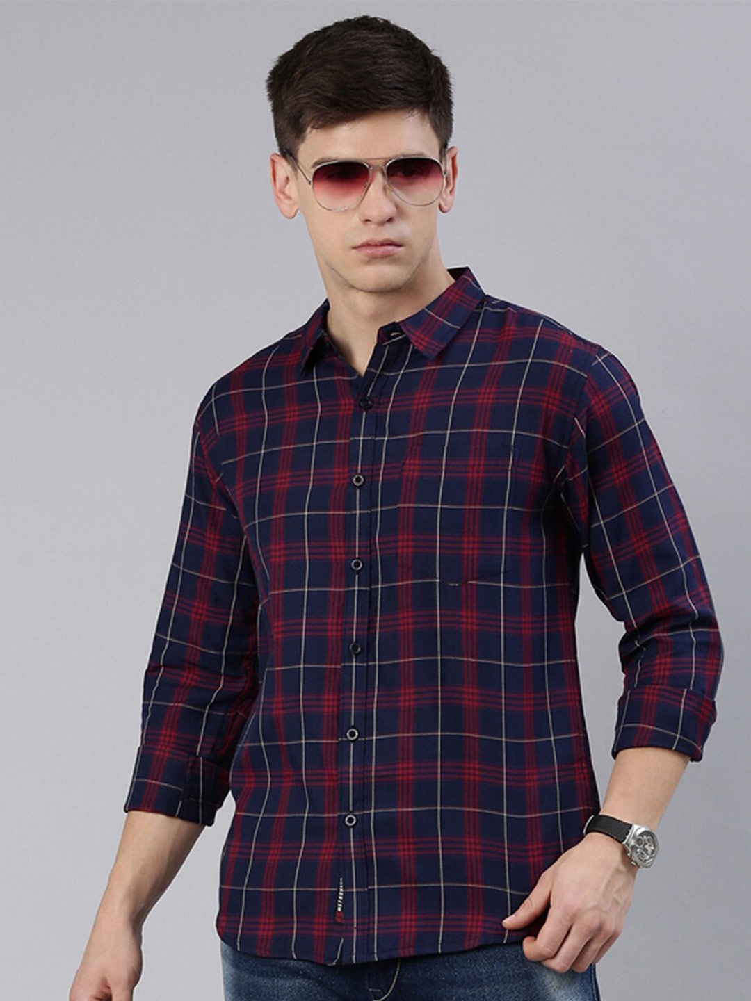 

Metronaut Spread Collar Slim Fit Tartan Checked Casual Shirt, Navy blue