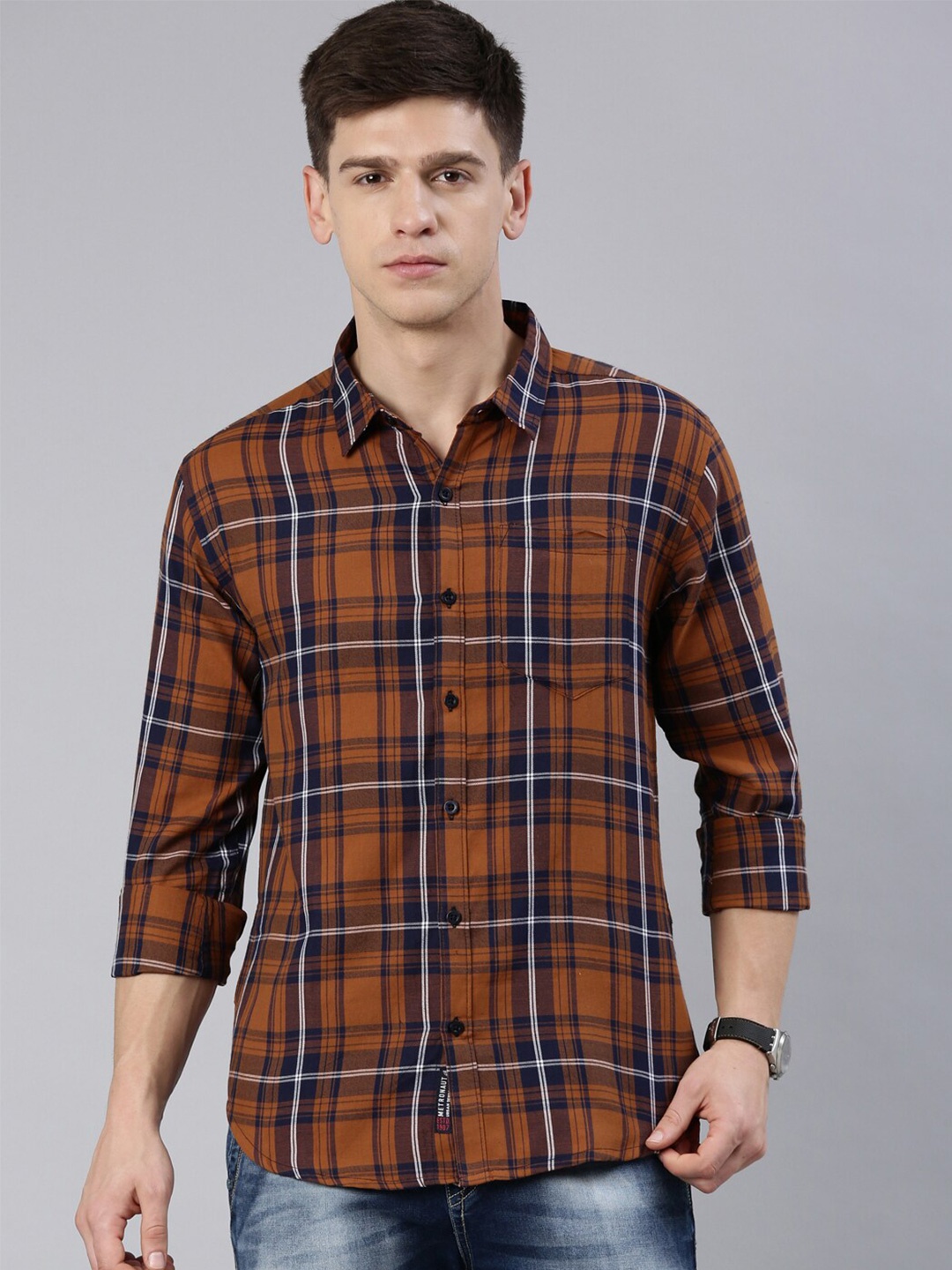 

Metronaut Spread Collar Slim Fit Tartan Checked Casual Shirt, Brown