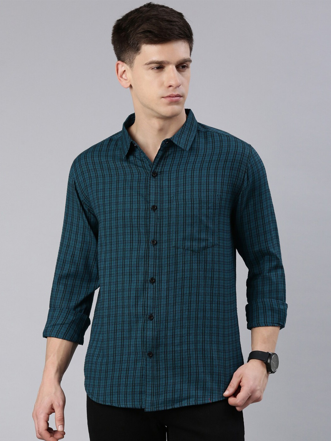 

Metronaut Spread Collar Slim Fit Tattersall Checked Casual Shirt, Green