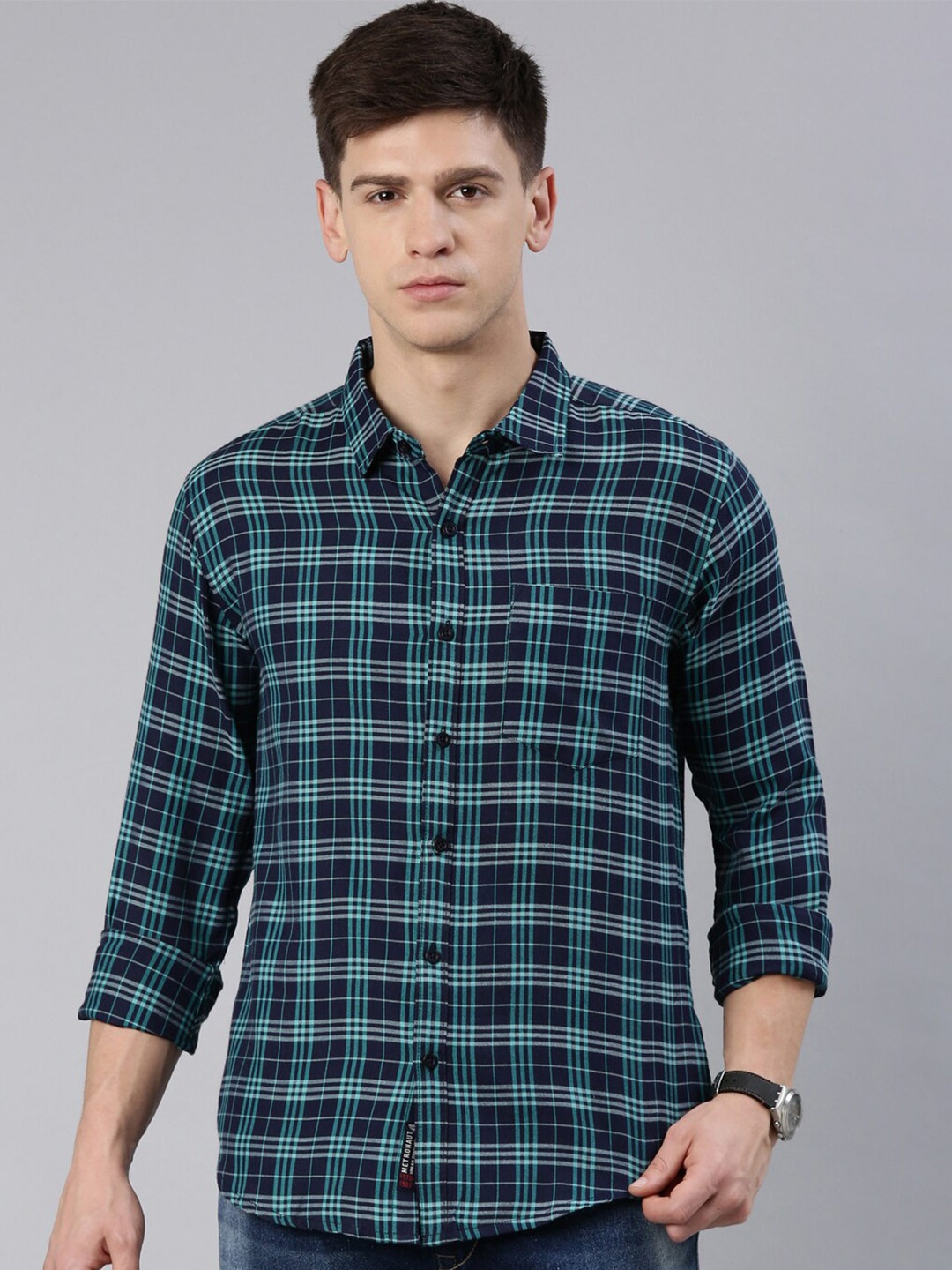 

Metronaut Spread Collar Slim Fit Tartan Checked Casual Shirt, Navy blue