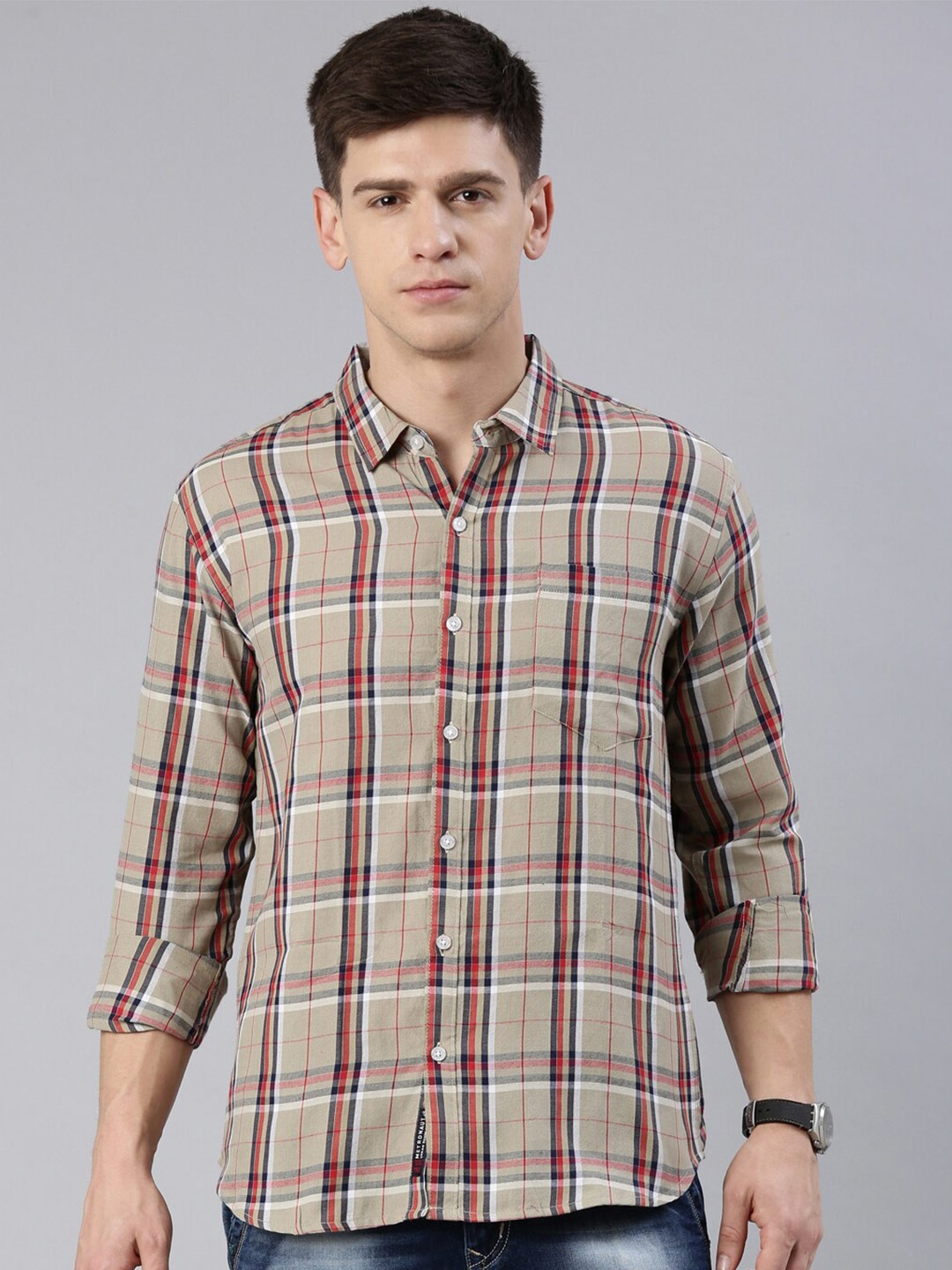

Metronaut Slim Fit Checked Spread Collar Casual Shirt, Beige