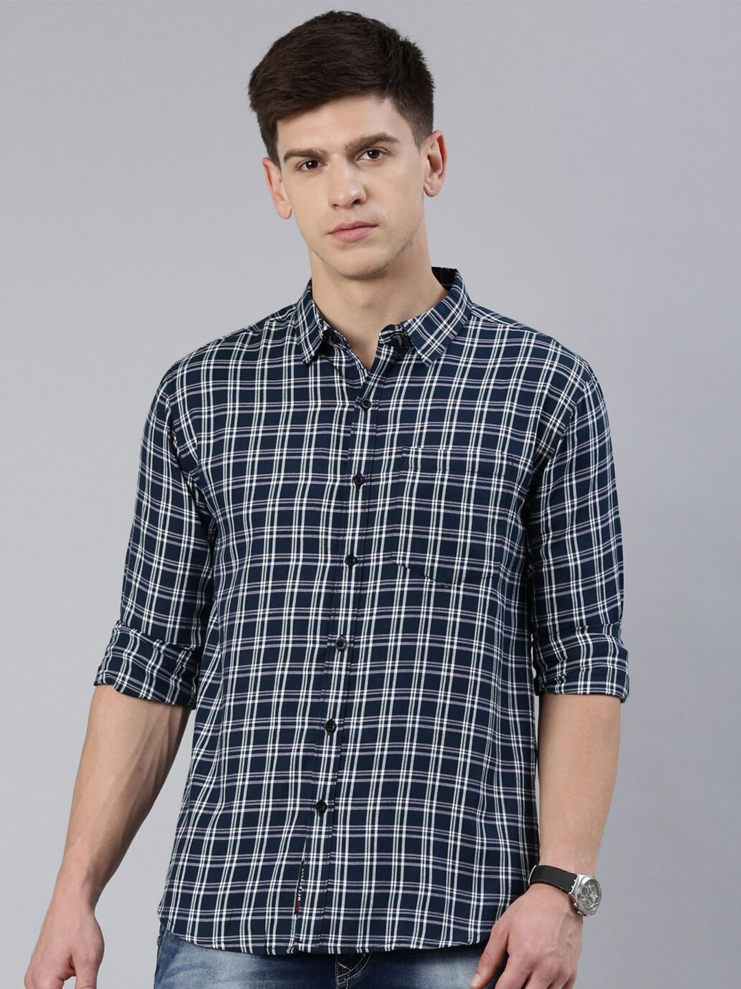 

Metronaut Slim Fit Checked Spread Collar Casual Shirt, Blue