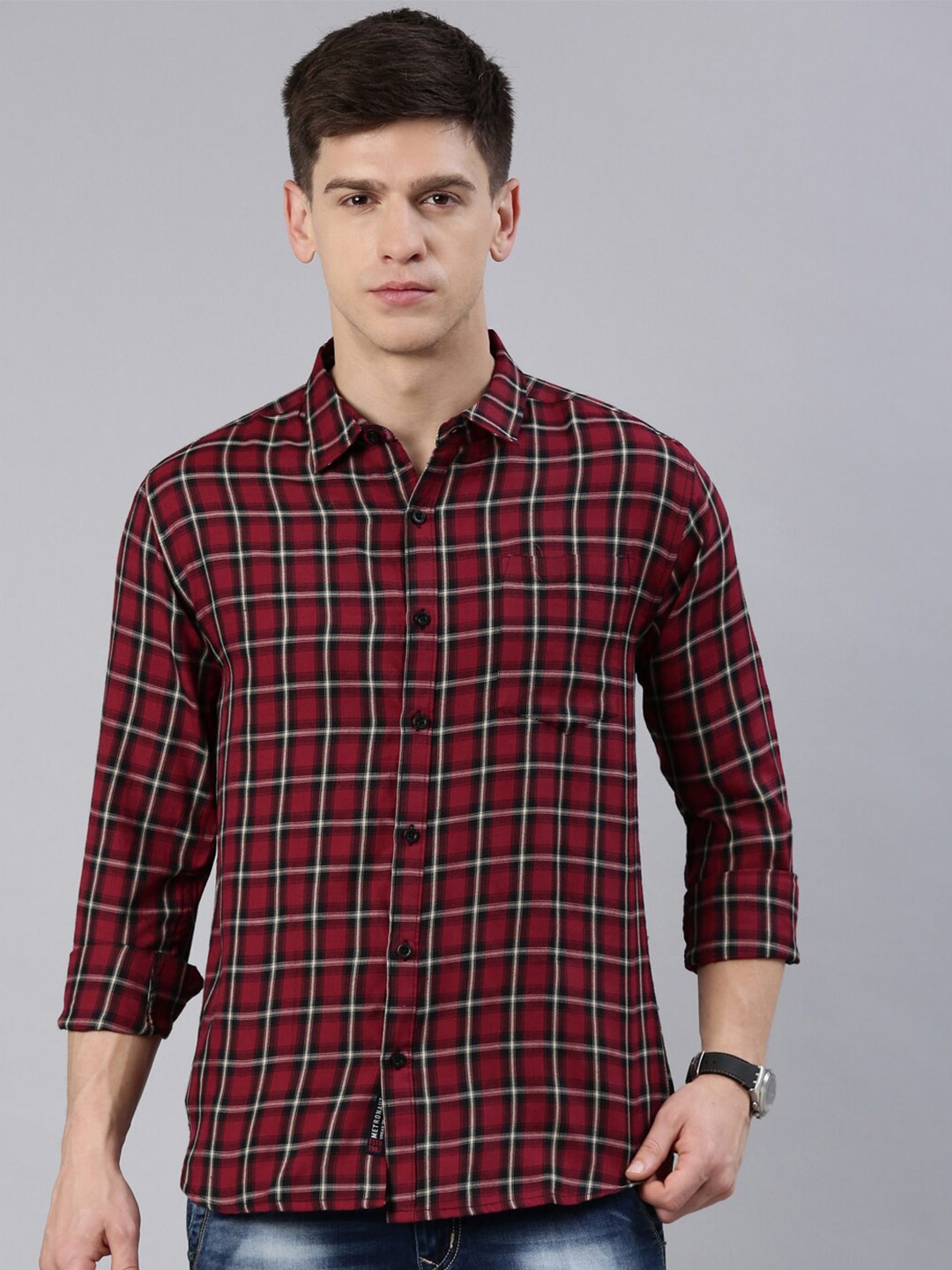 

Metronaut Slim Fit Checked Spread Collar Casual Shirt, Maroon