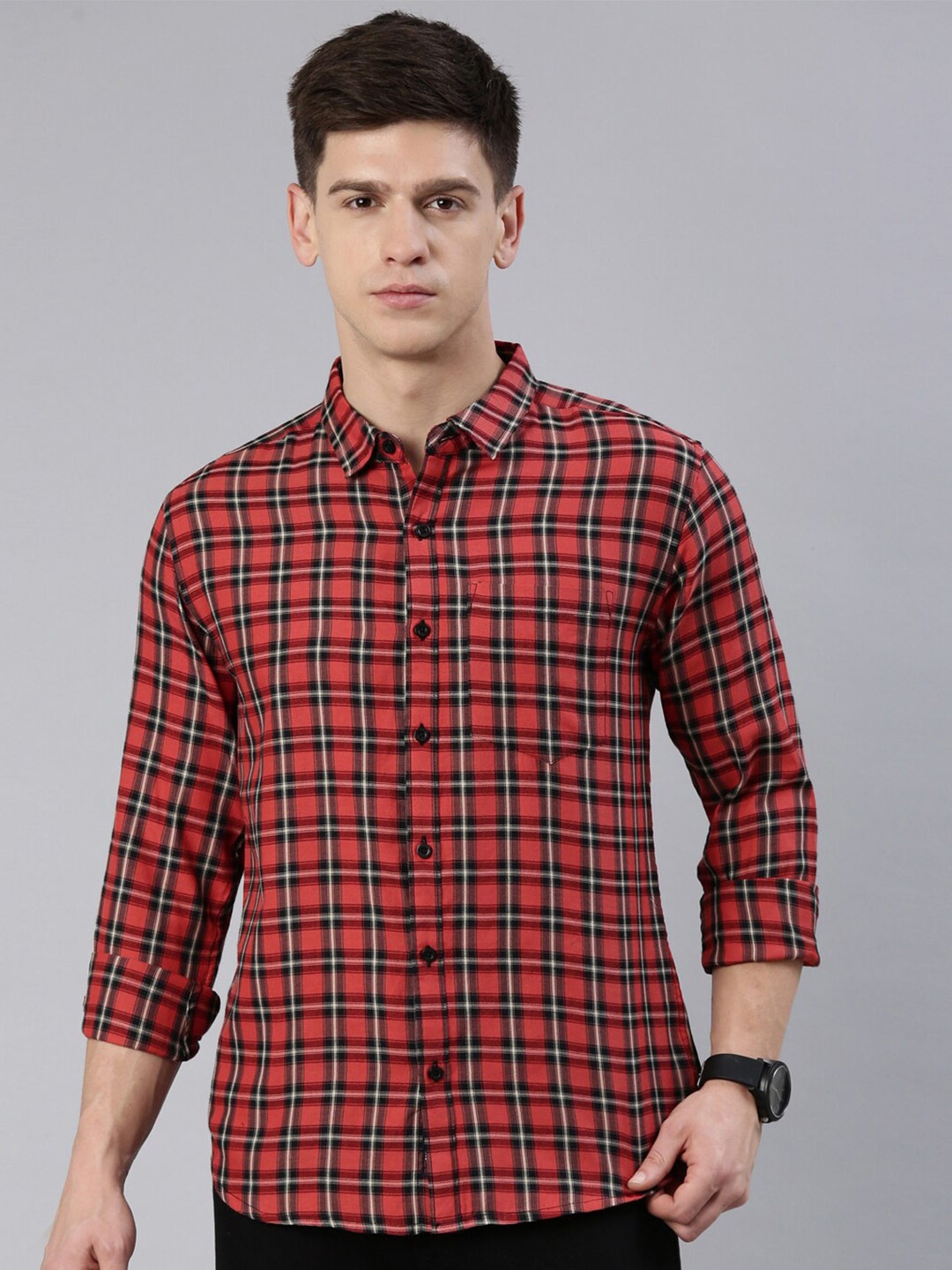 

Metronaut Slim Fit Checked Spread Collar Casual Shirt, Orange