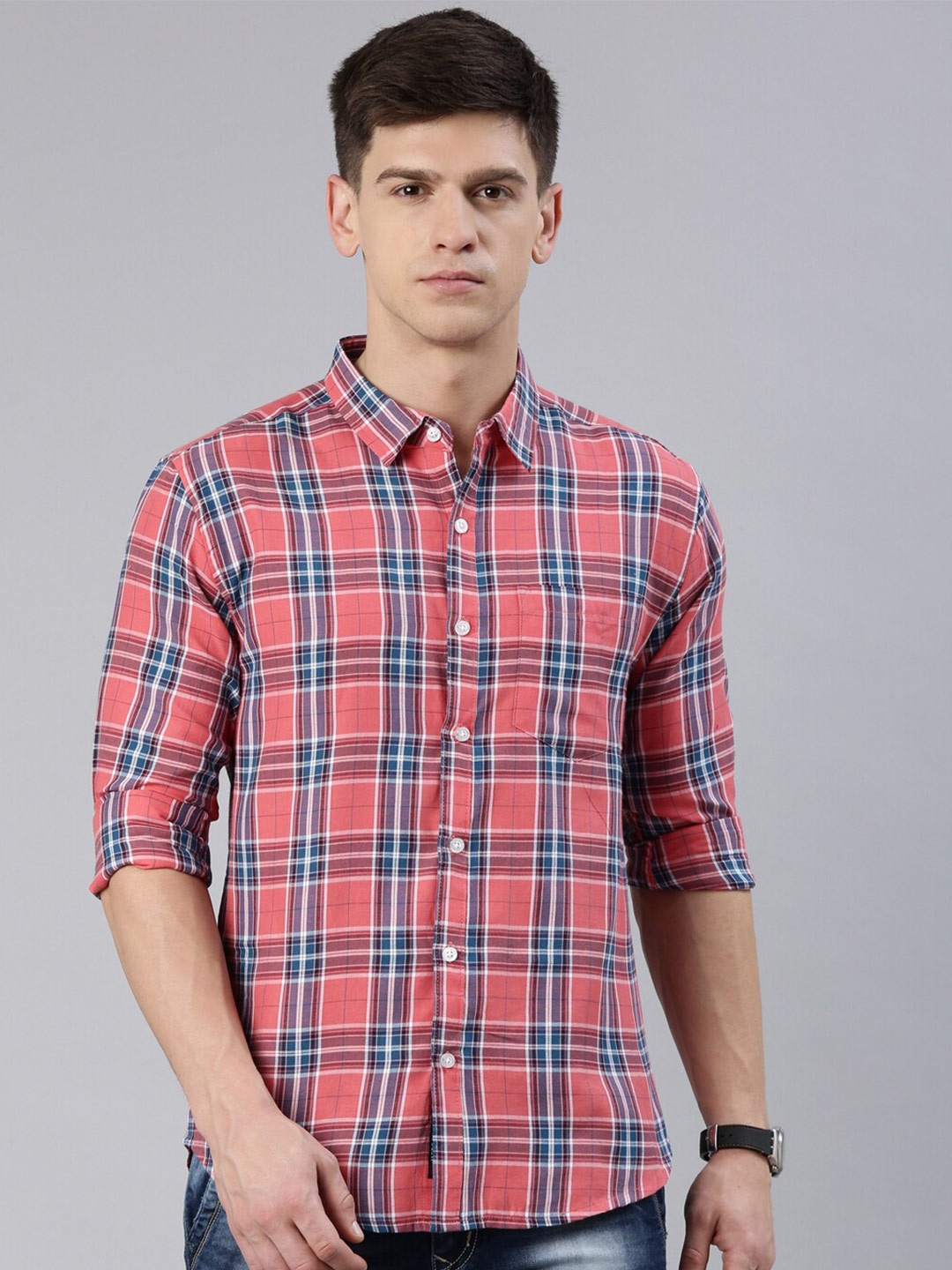 

Metronaut Slim Fit Checked Spread Collar Casual Shirt, Pink