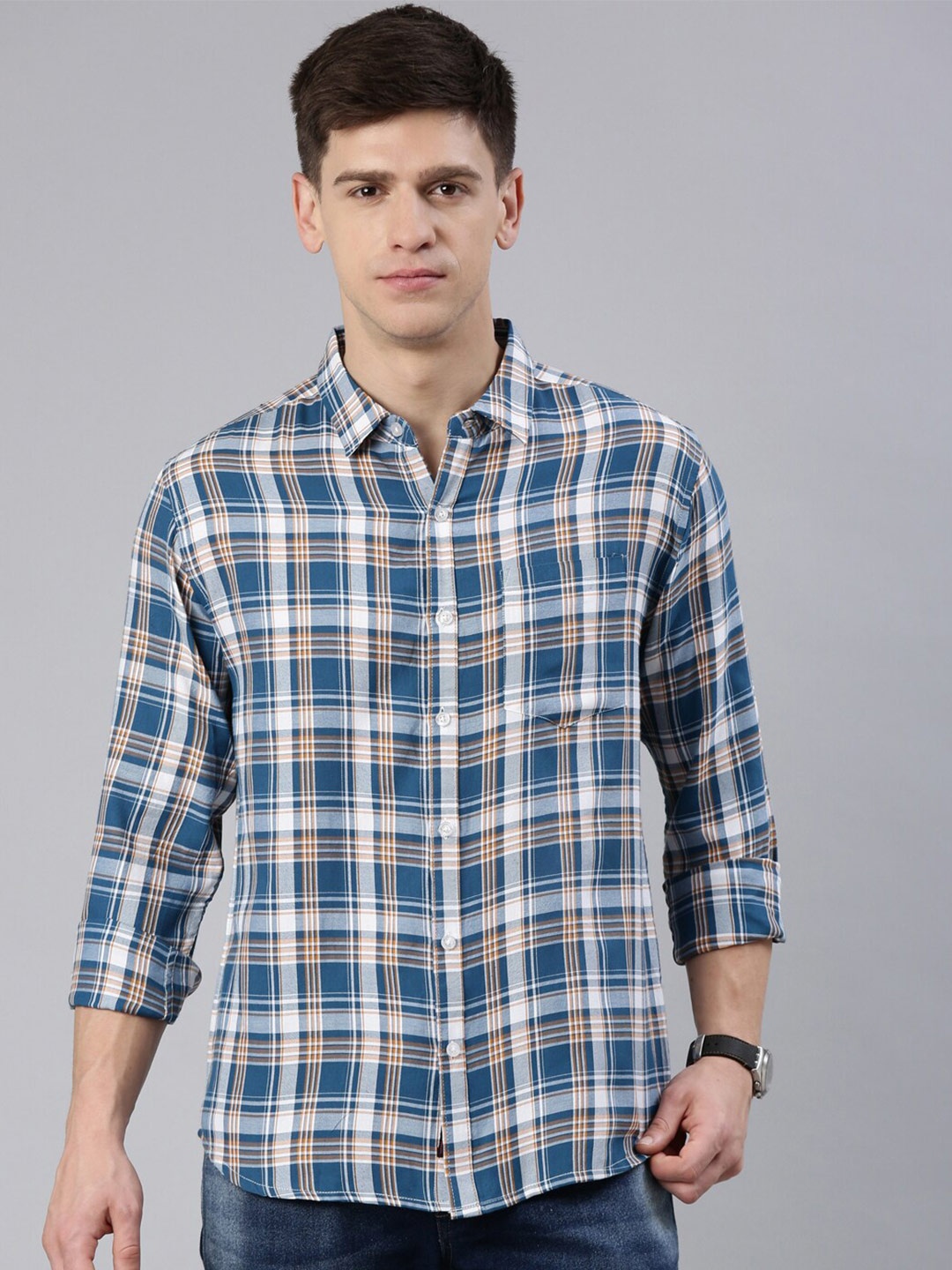 

Metronaut Slim Fit Checked Spread Collar Casual Shirt, Blue
