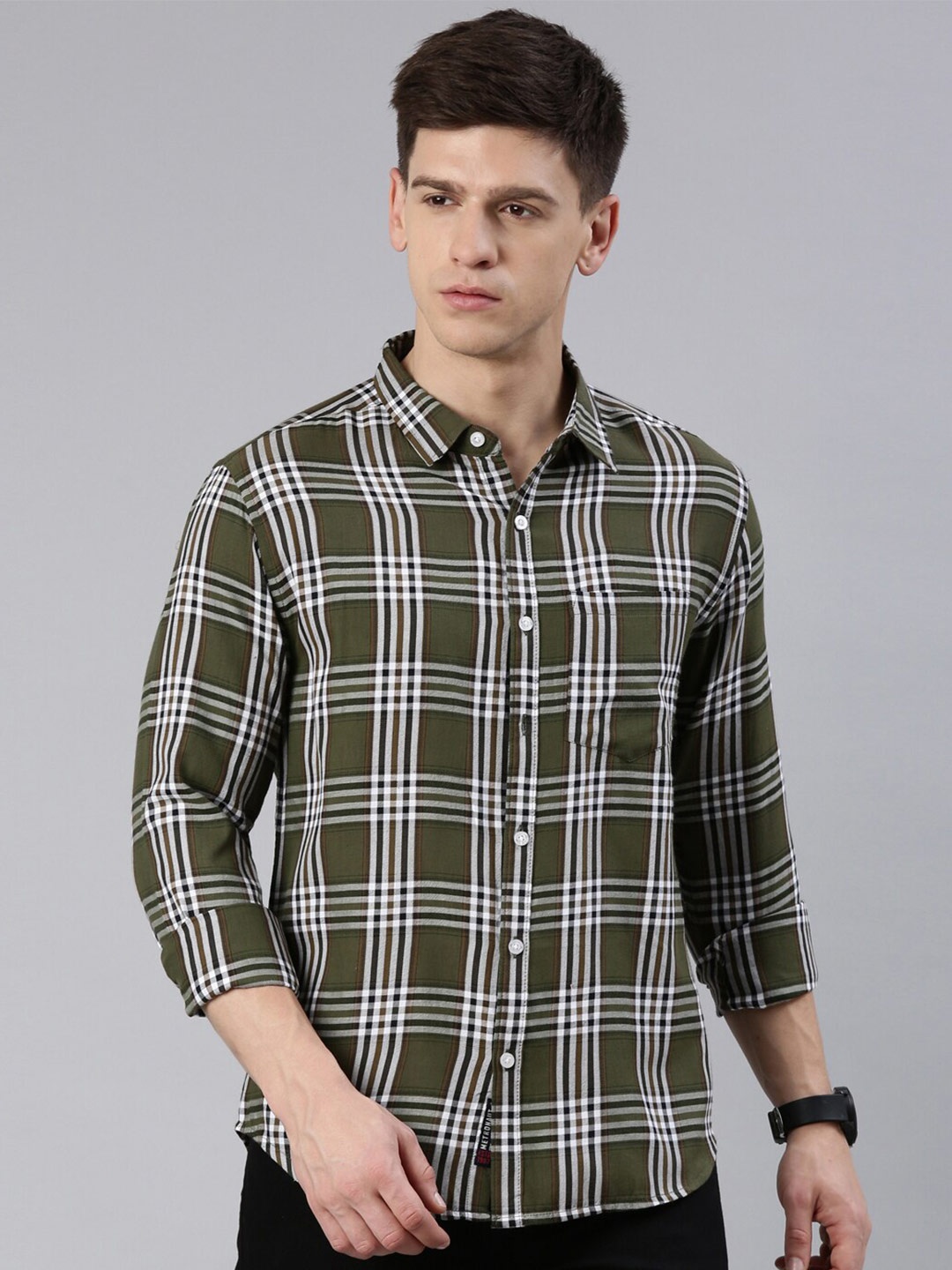 

Metronaut Slim Fit Checked Spread Collar Casual Shirt, Green