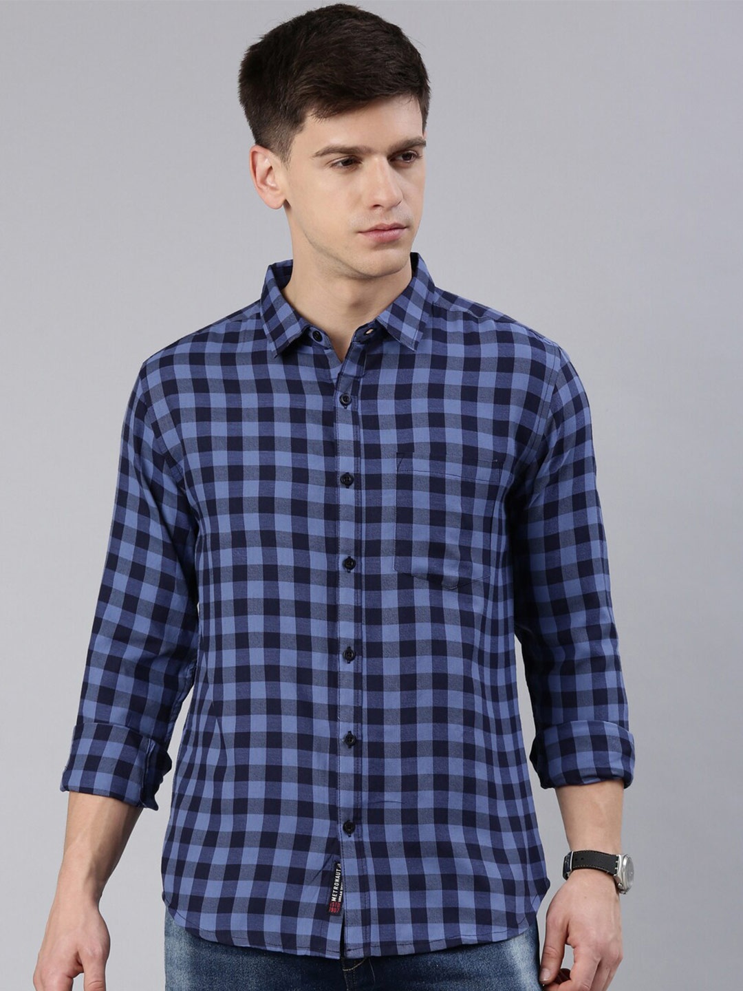 

Metronaut Slim Fit Checked Spread Collar Casual Shirt, Navy blue