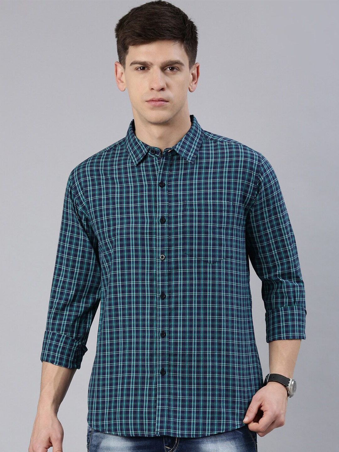 

Metronaut Slim Fit Checked Spread Collar Casual Shirt, Green