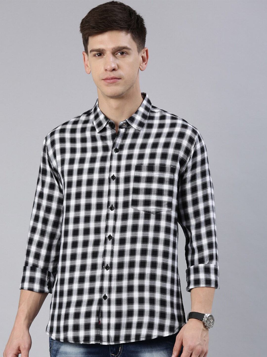 

Metronaut Men Slim Fit Gingham Checked Twill Casual Shirt, Black