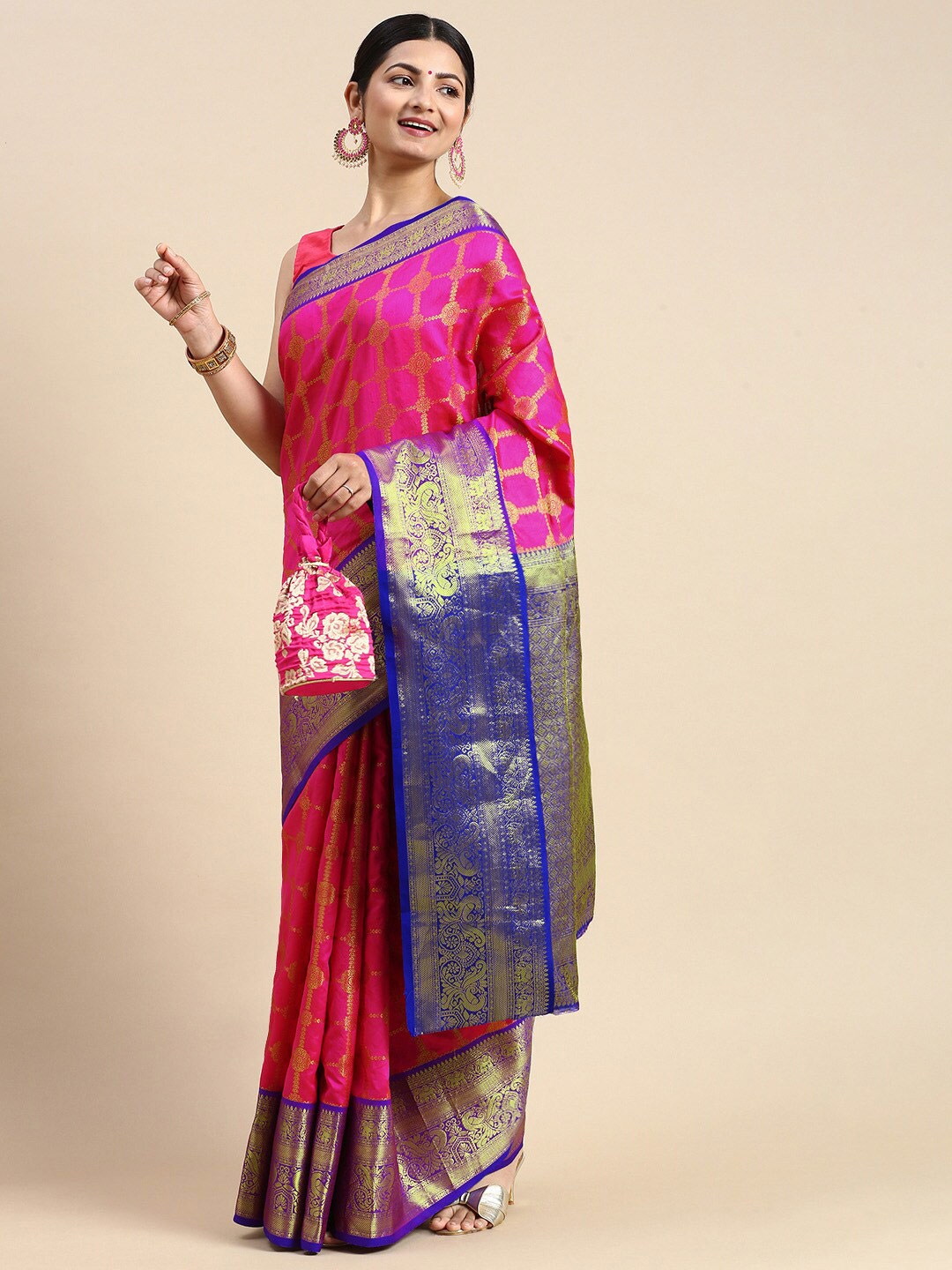 

AVANTIKA FASHION Ethnic Motif Woven Design Zari Pure Silk Kanjeevaram Saree, Pink