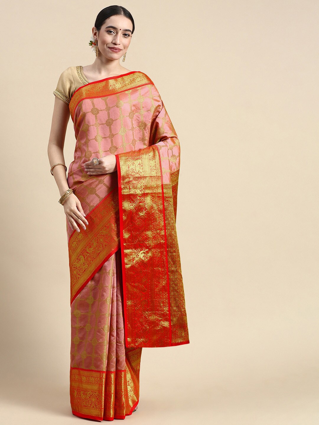 

AVANTIKA FASHION Ethnic Motif Woven Design Zari Pure Silk Kanjeevaram Saree, Peach