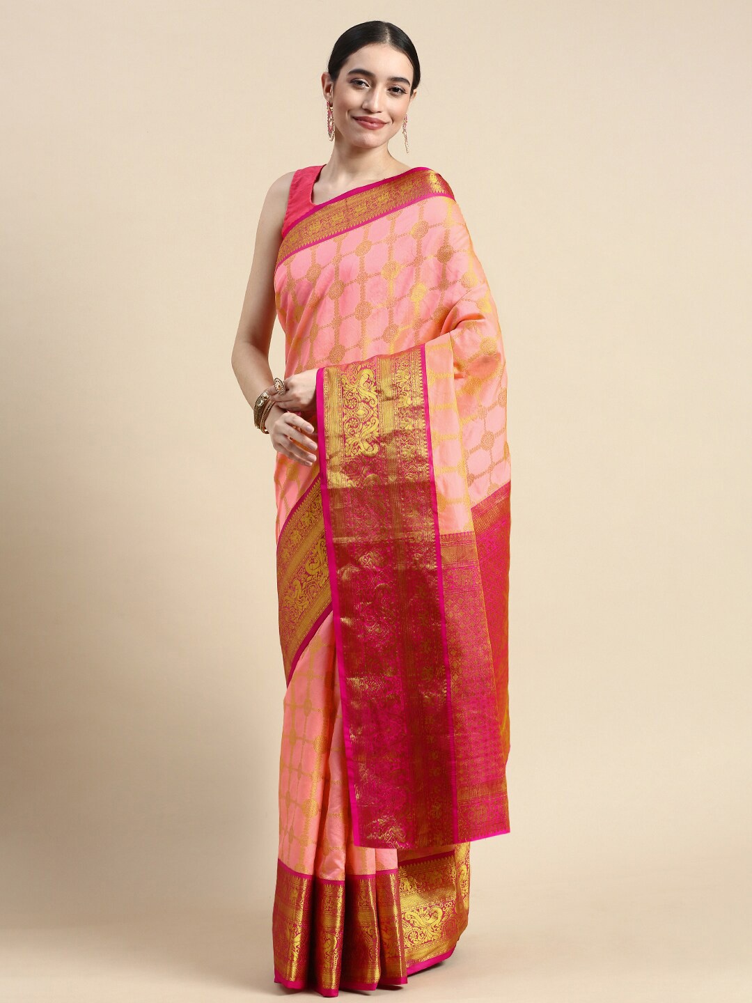 

AVANTIKA FASHION Ethnic Motif Woven Design Zari Pure Silk Kanjeevaram Saree, Peach