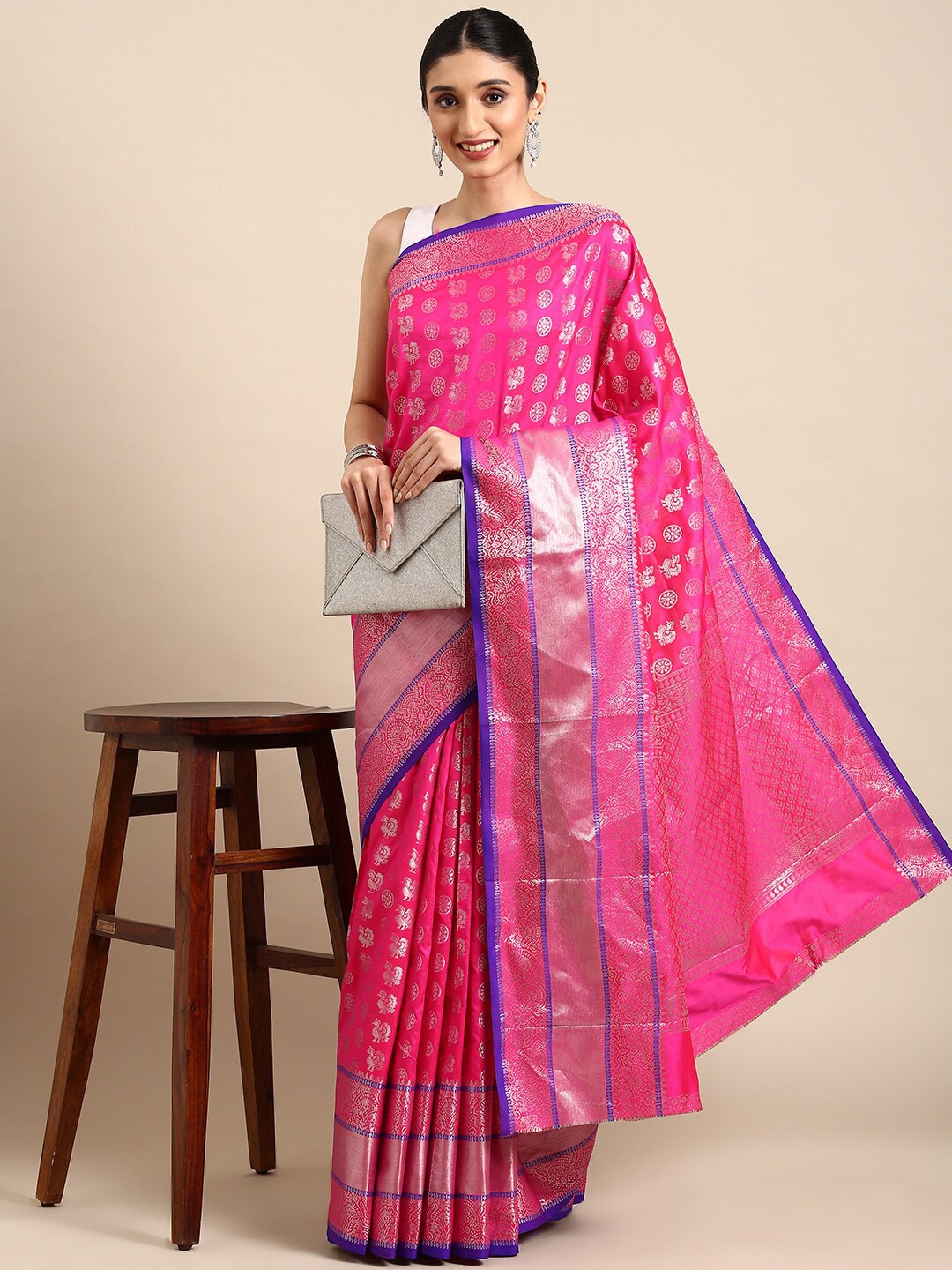 

AVANTIKA FASHION Ethnic Motif Woven Design Zari Pure Silk Kanjeevaram Saree, Pink