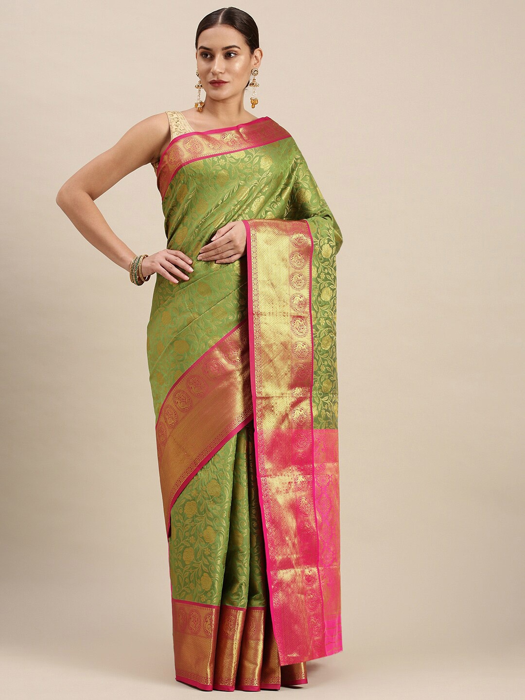 

AVANTIKA FASHION Floral Woven Design Zari Pure Silk Kanjeevaram Saree, Fluorescent green