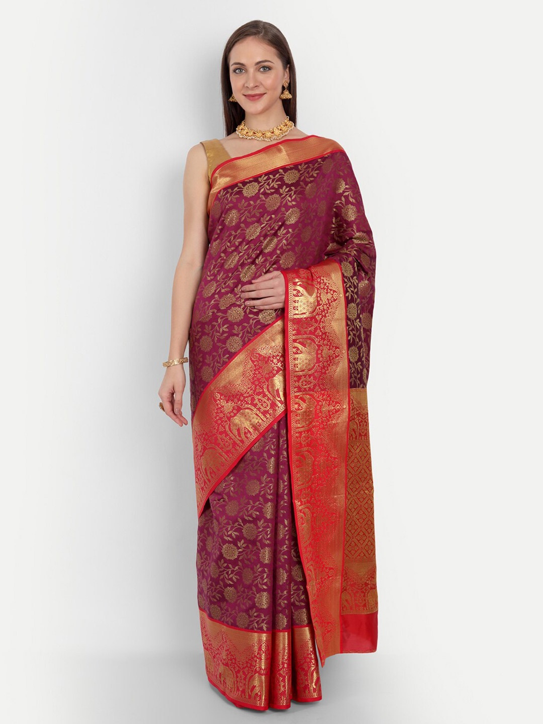 

AVANTIKA FASHION Floral Woven Design Zari Pure Silk Kanjeevaram Saree, Burgundy