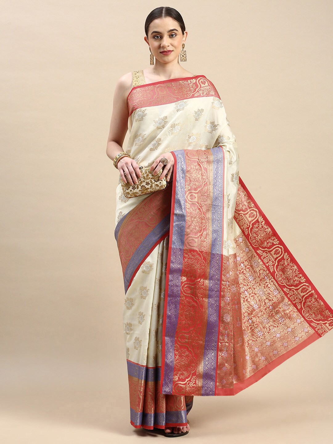 

AVANTIKA FASHION Floral Woven Design Zari Pure Silk Kanjeevaram Saree, White