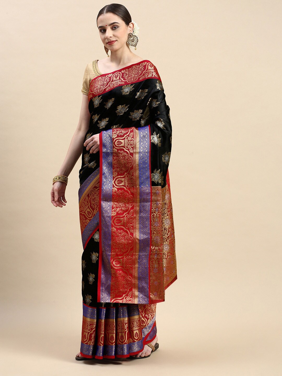 

AVANTIKA FASHION Floral Woven Design Zari Pure Silk Kanjeevaram Saree, Black