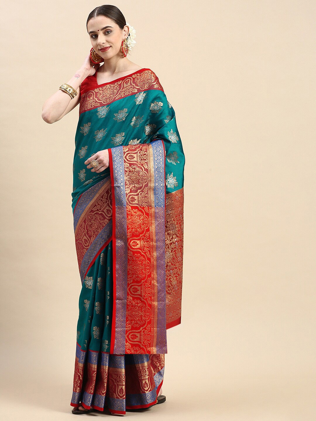 

AVANTIKA FASHION Floral Woven Design Zari Pure Silk Kanjeevaram Saree, Turquoise blue