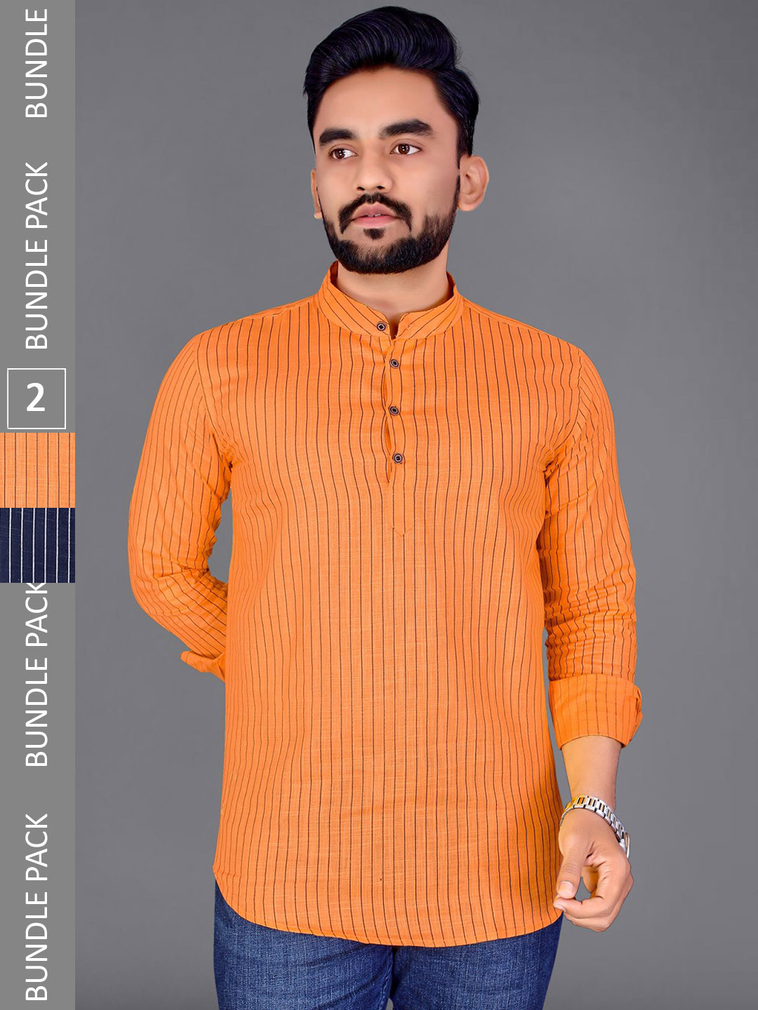 

ADWYN PETER Pack Of 2 Mandarin Collar Striped Cotton Short Kurta, Orange