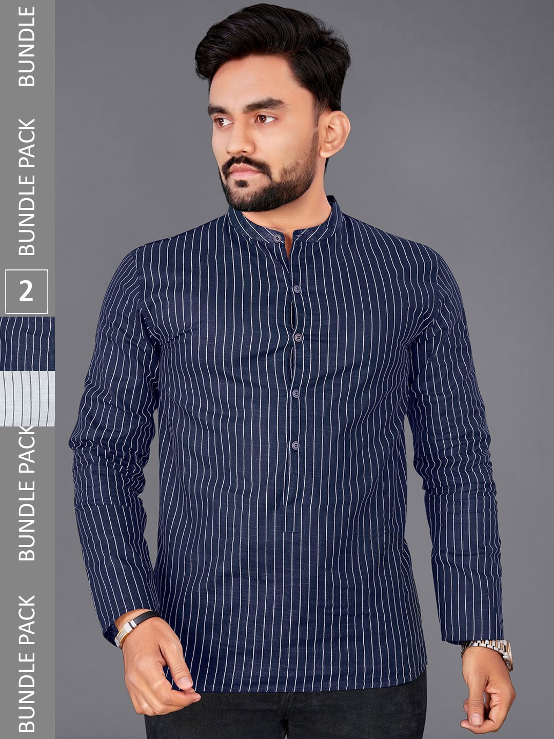 

ADWYN PETER Pack Of 2 Striped Mandarin Collar Kurta, Blue